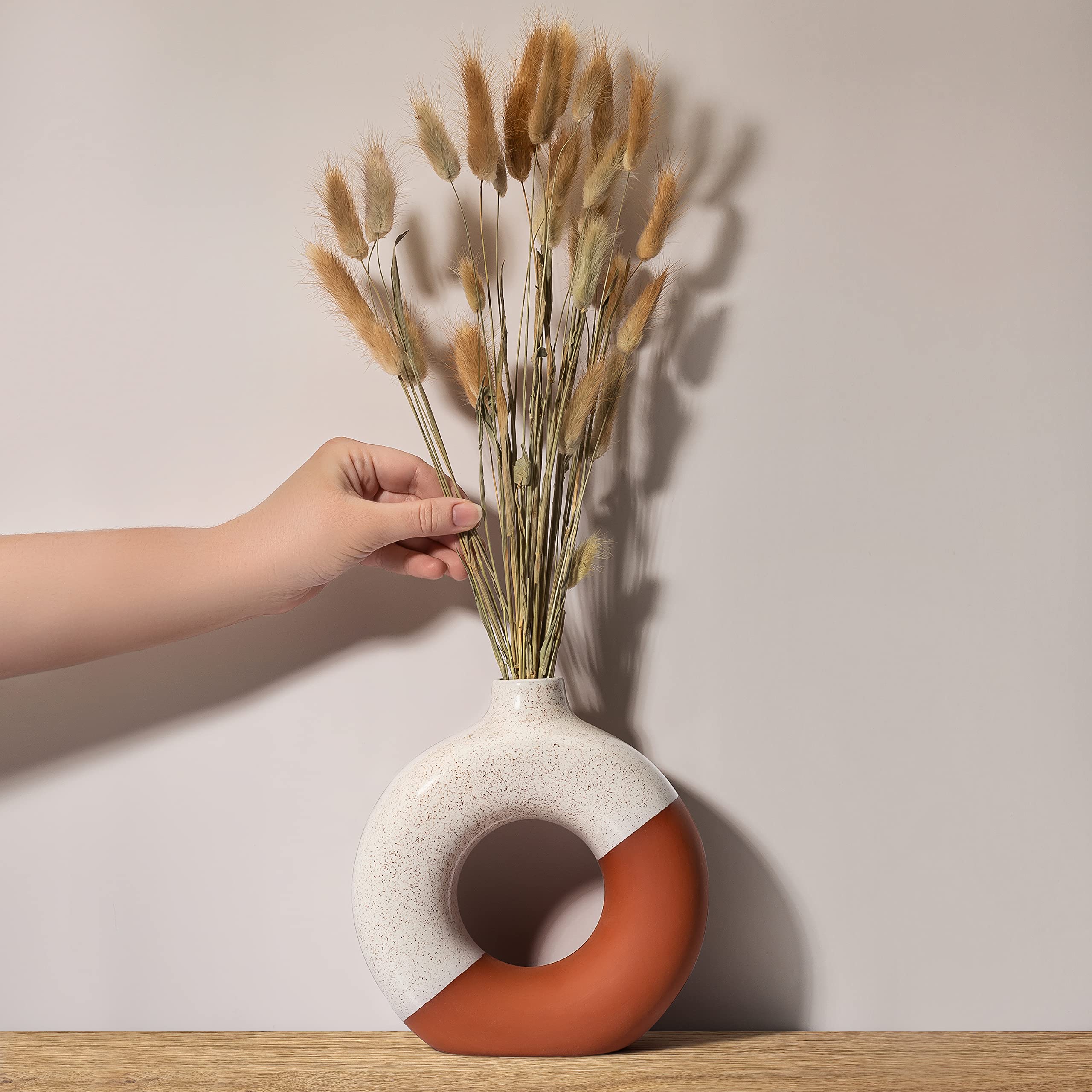 Circle Vase – White and Terracotta Donut Vase – Nordic Vase for Stylish Modern Minimalist Home Decor - Ceramic Vase for Pampas Grass - Geometric vase