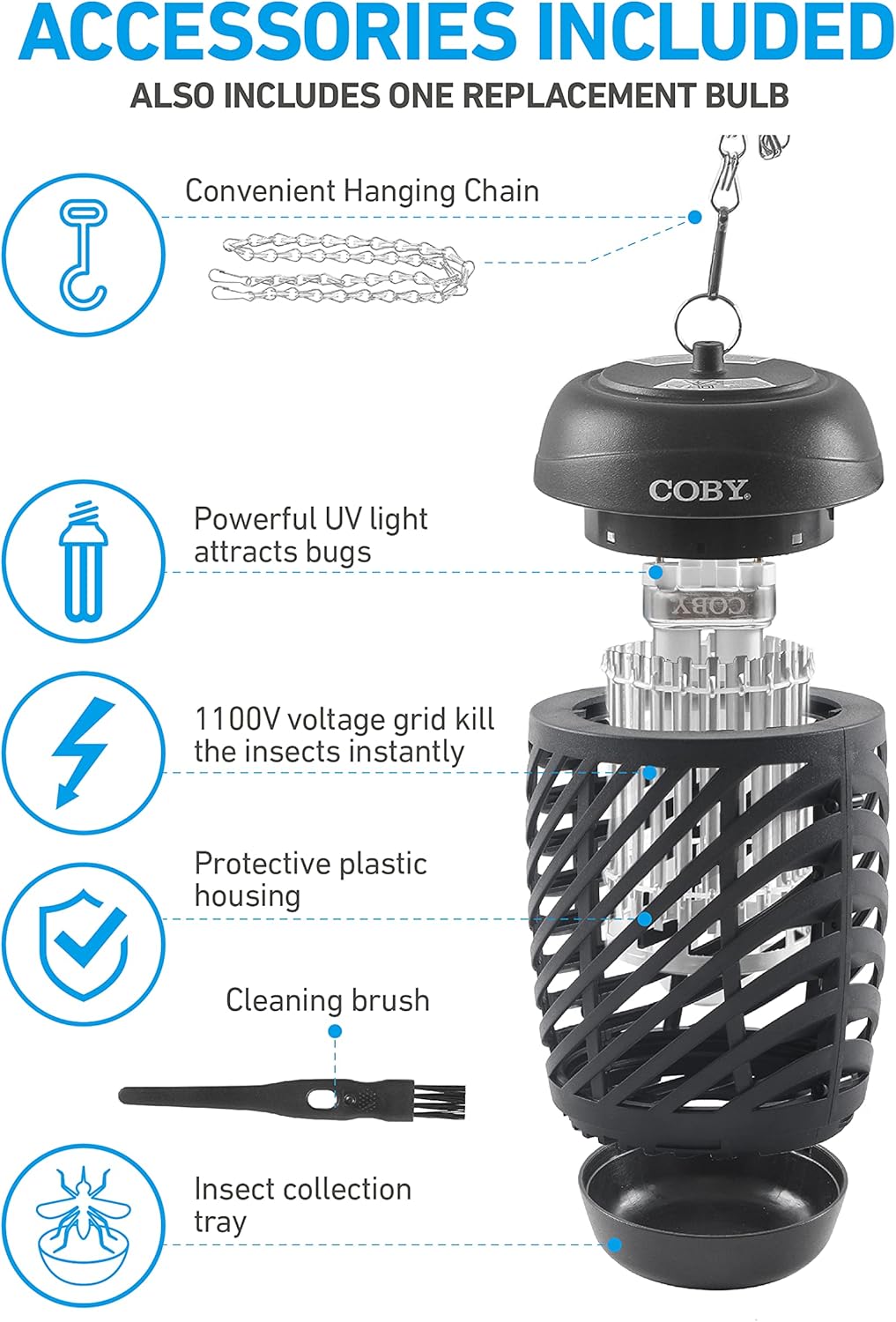 انفجرت view of Coby Bug Zapper showing all included accessories: hanging chain, UV light, 1100V voltagشبكة إلكترونية، غلاف بلاستيكي واقٍ، فرشاة تنظيف، وصينية تجميع الحشرات.