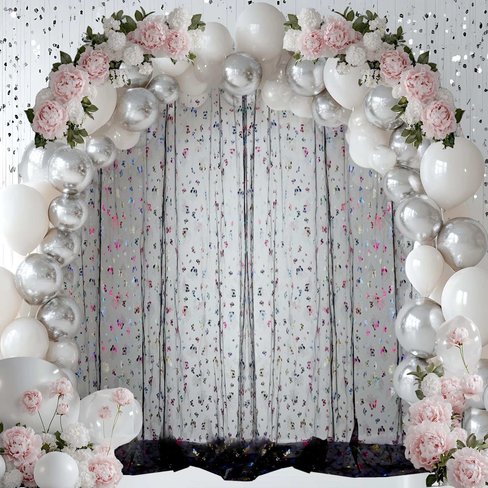 10x10ft Black Tulle Backdrop Curtain with Colorful Butterfly Foil Motif, Sheer Glitter Background Curtain for Parties, Wedding, Birthday, Baby Shower, Photo Shoot Decorations