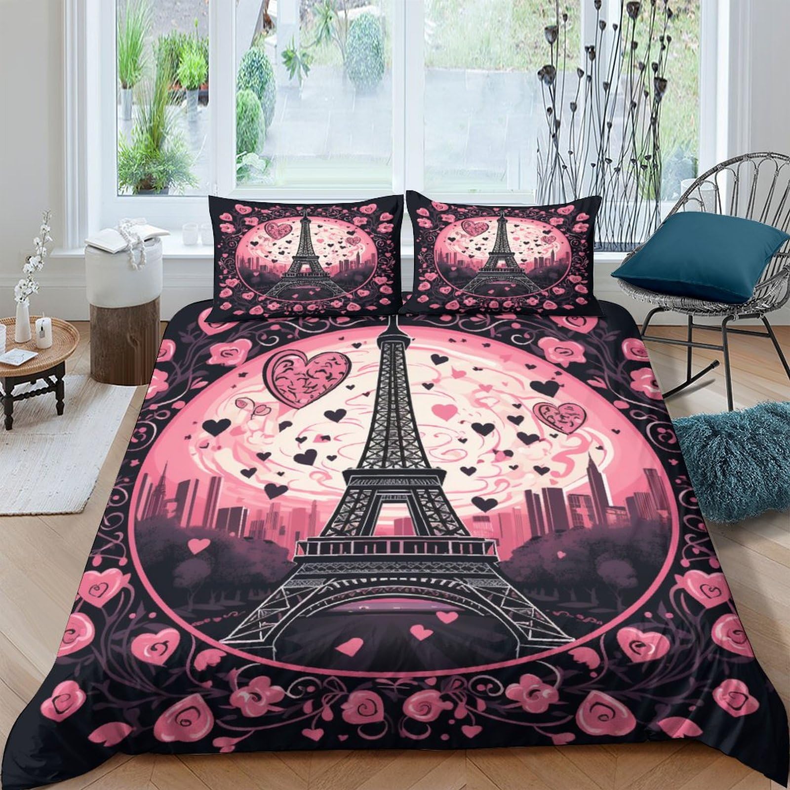 Funda nórdica de la Torre Eiffel con cremallera lavable juego de cama doble antialérgico