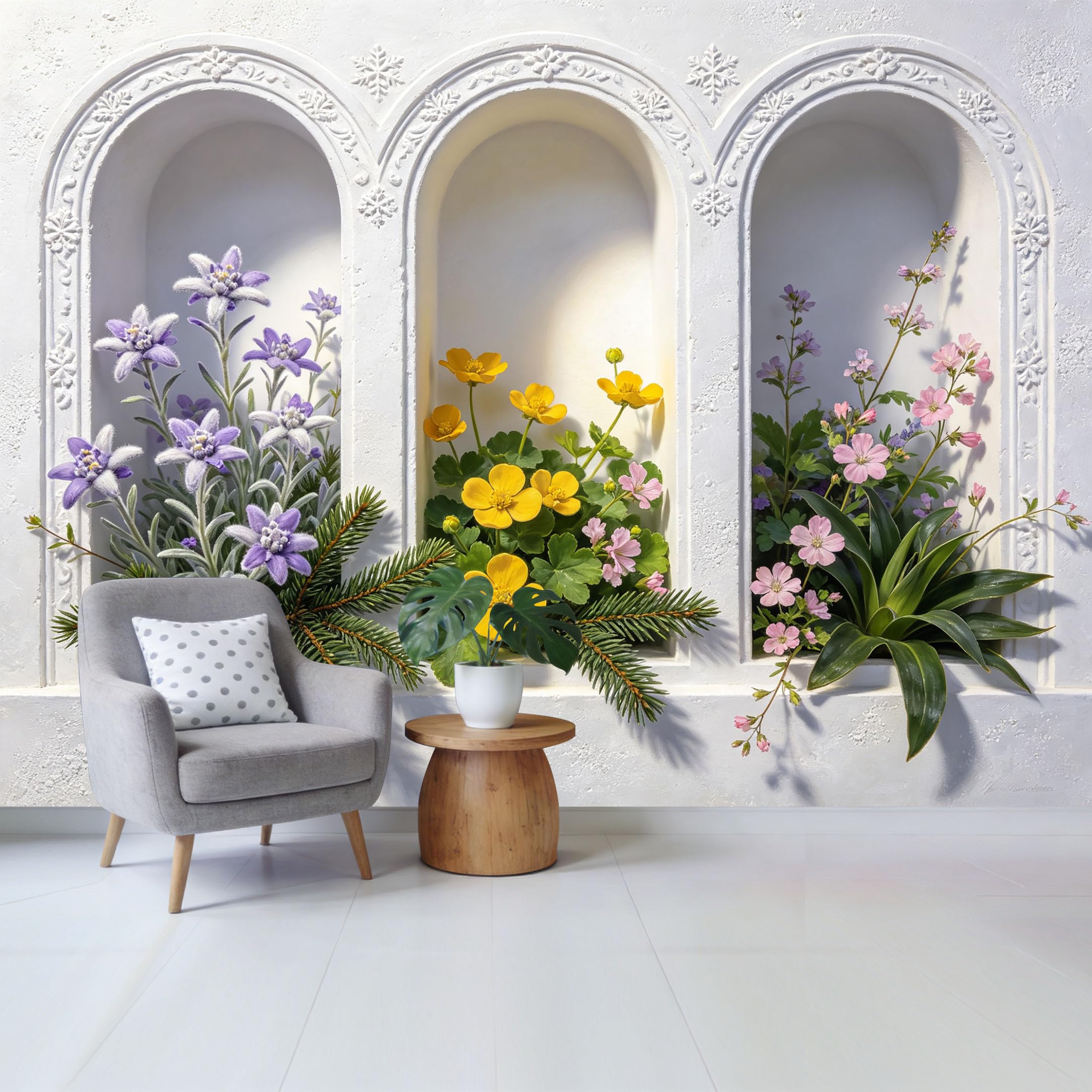 Custom Size Wall Mural Botanical Floral Arch Window Yellow Purple Pink Blossoms Textured Removable Self Adhesive Fabric Home Wall Decor for Living Room Bedroom Bathroom
