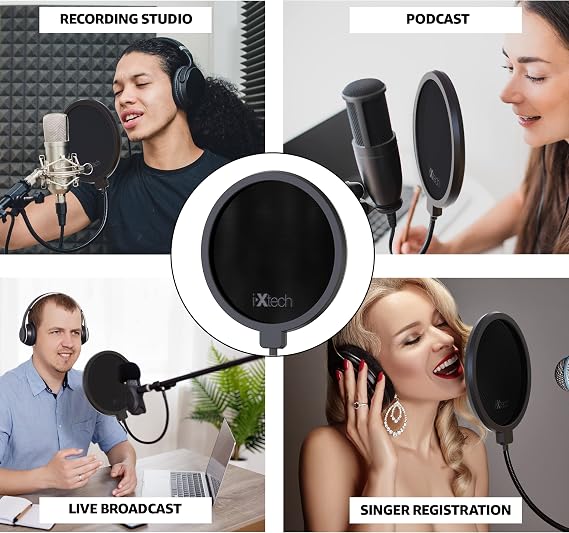 IXTECH Pop Filter for Mic Pop Filter for Blue Yeti Microphone Pop Filter Mic Pop Filter Dual Layered Sound Shield Guard Windscreen with a Flexible 360 Degree Gooseneck Clip Stabilizing.