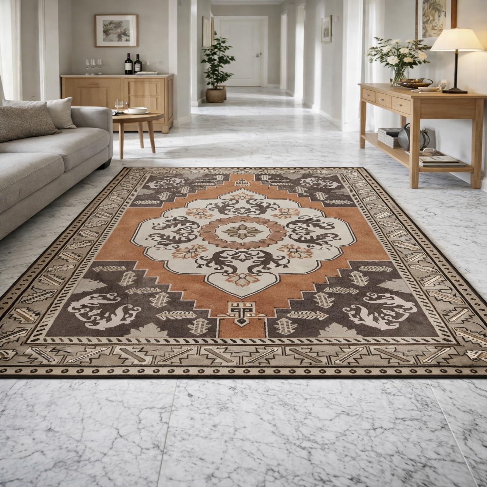 Tapis antidérapant 120x180cm lavable aux motifs géométriques camel