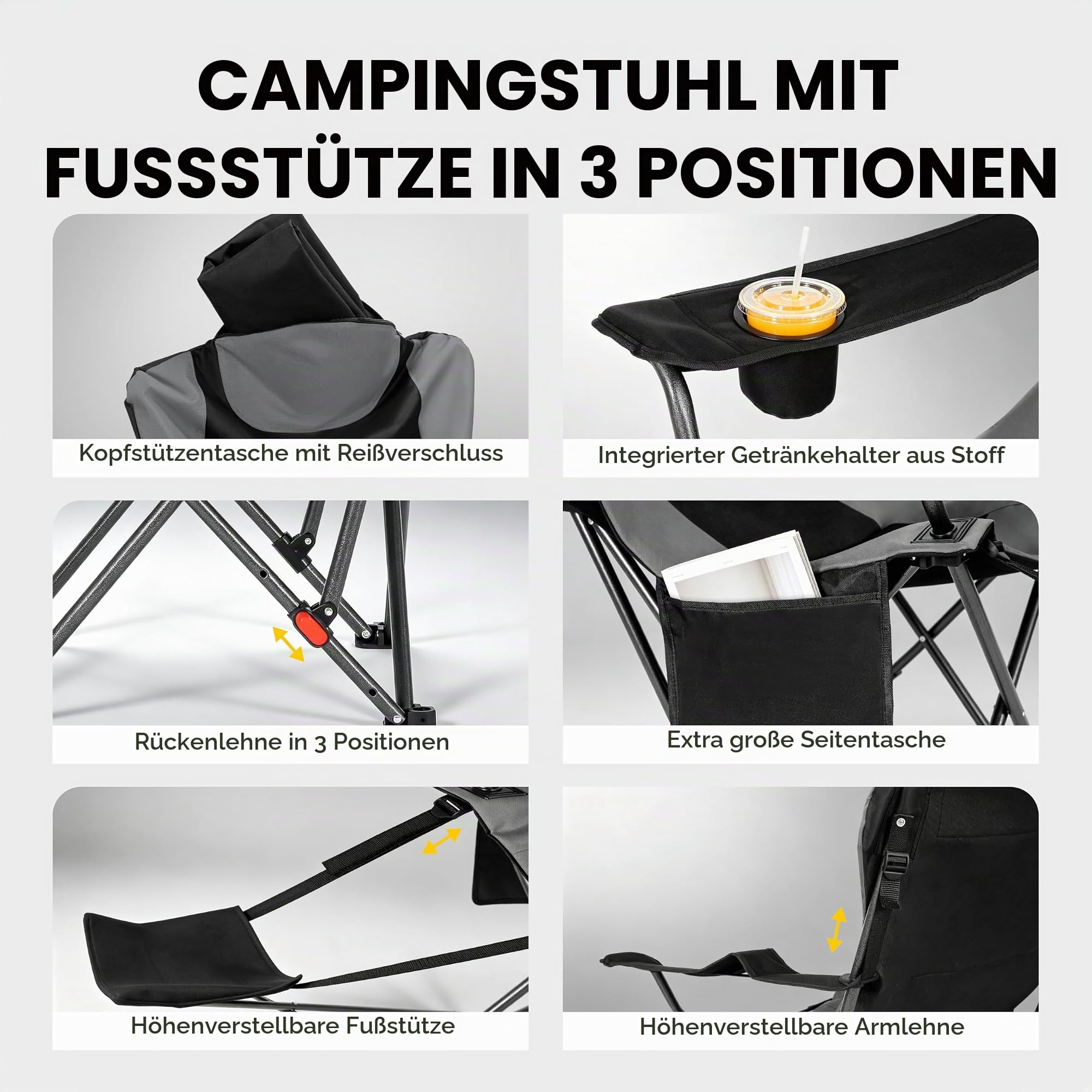 OUTSIDER Schwerlast Campingstuhl mit Fußstütze 200kg, 3-Position Klappstuhl, Getränkehalter, obere Reißverschlusstasche & Seitentasche, tragbar für Camping, Angeln, Wandern 1pc (Black-4)