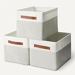 Amazon Basics Collapsible Storage Bins with Leather Handles, Charcoal, Large, Pack of 3