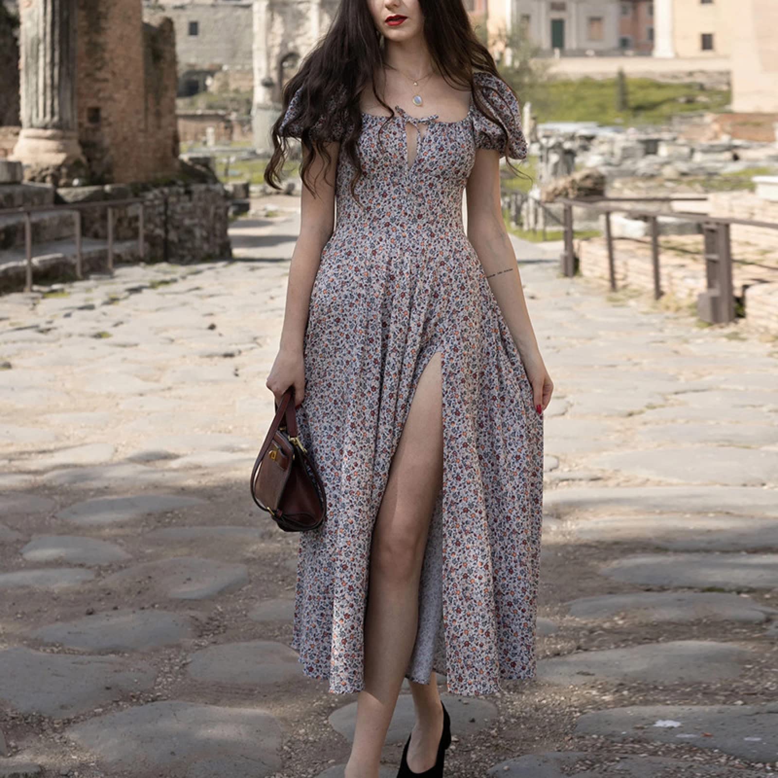 slim fit dress slacks Amelia Ruffle Maxi Dress in Grey/Pink Floral *Final-Sale* Small