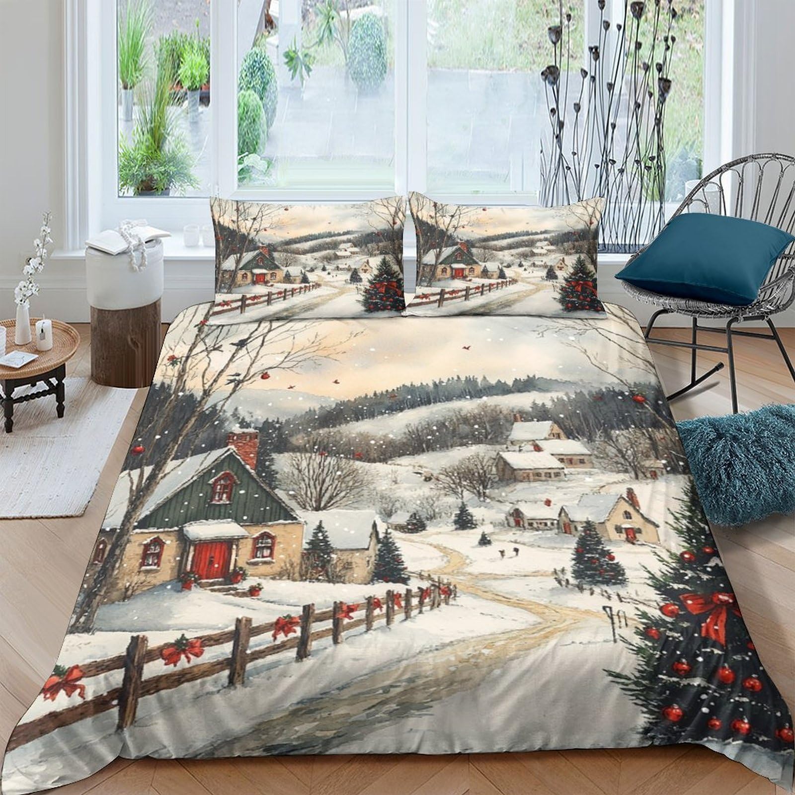 Ctjqhvkz Style-7 3D Printed Winter Village Fitted Sheet Microfiber Soft Decorative Snowy Landscape Bed Cover For Bedroom Guest Room Single（135X200cm）