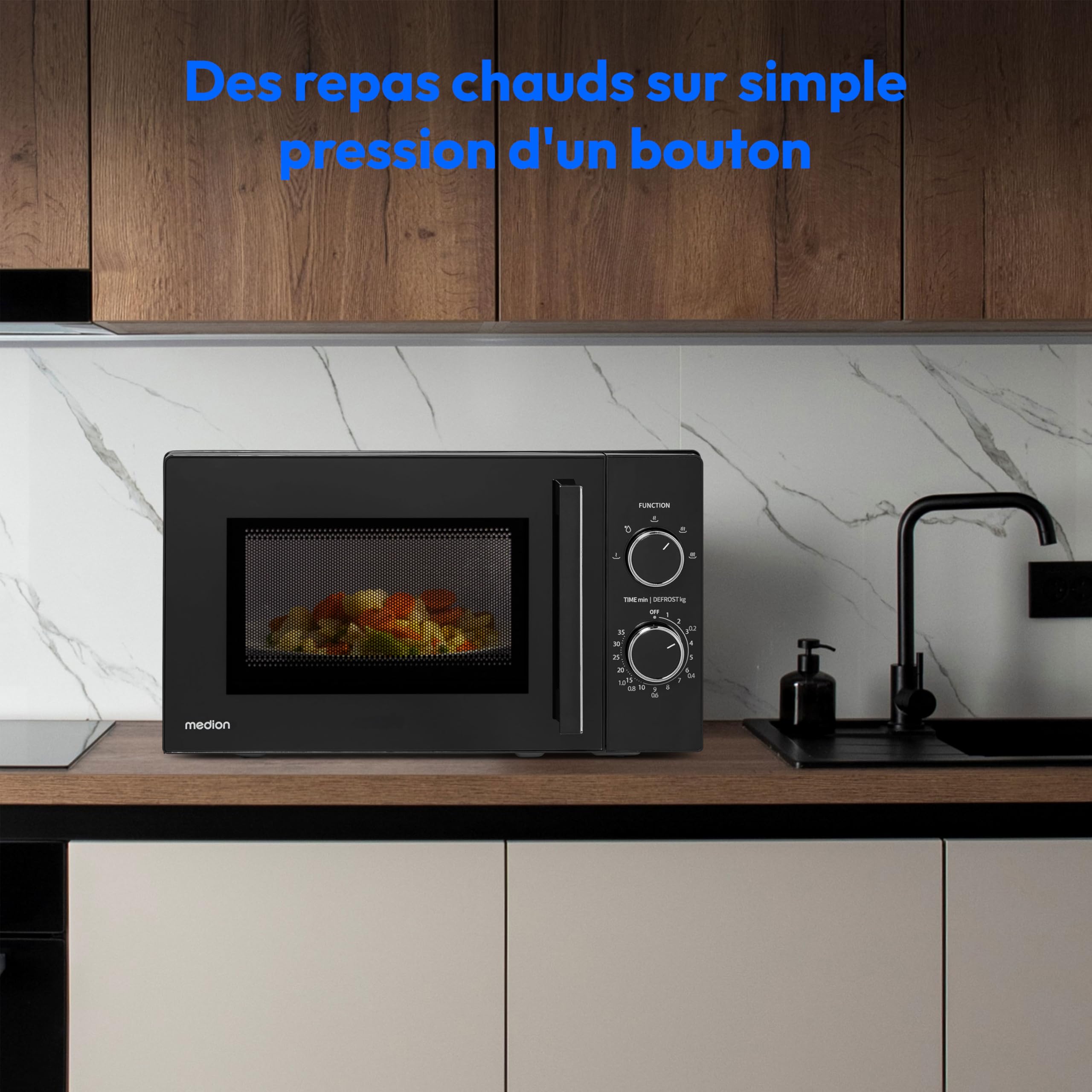 MEDION Micro-ondes (20 litres, 800 watts, 5 vitesses de micro-ondes, fonction décongélation, minuterie, plateau en verre, compact, MD12011) noir