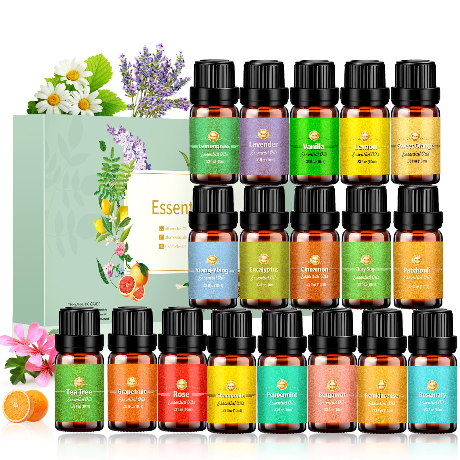 Ätherische Öle Set 18 x 10 ml, Teebaum, Lavendel, Eukalyptus, Weihrauch, Zitronengras, Rosmarin, Orange, Minze, Zitrone, Bergamotte, Ylang-Ylang, Grapefruit, Kamille, Rose, Vanille (Schwarz)