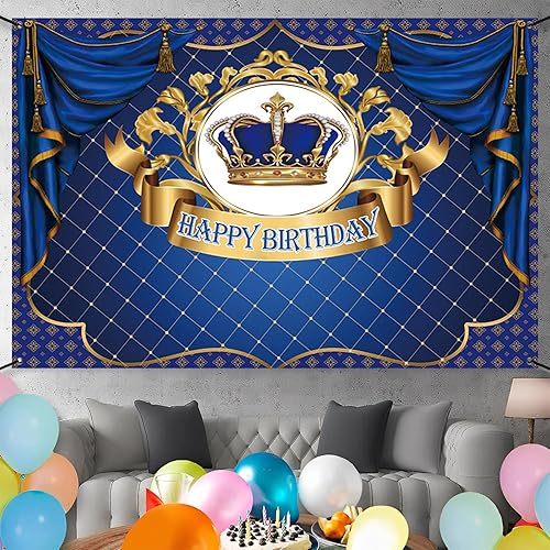 Miniatura 4 de CSFOTO Cartel de poliéster de feliz cumpleaños azul rey con letrero dorado para hombres, decoración de fiesta de cumpleaños, pancarta de cortina