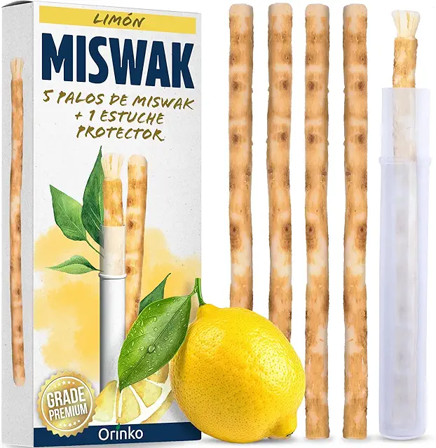 ORINKO 5 Palos de Siwak Sabor Limón + Funda – Miswak Natural para Blanqueamiento Dental