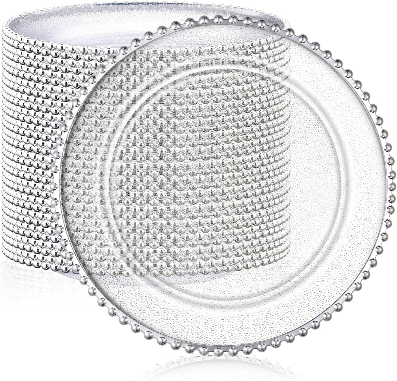 Hoolerry 50 Pack Clear Charger Plates Bulk 13 Inch Plastic Round Beaded Dinner Chargers Acrylic Frosted Grain Decorative Service Plates for Wedding Party Event, Home and Kitchen Tabletop (Silver)