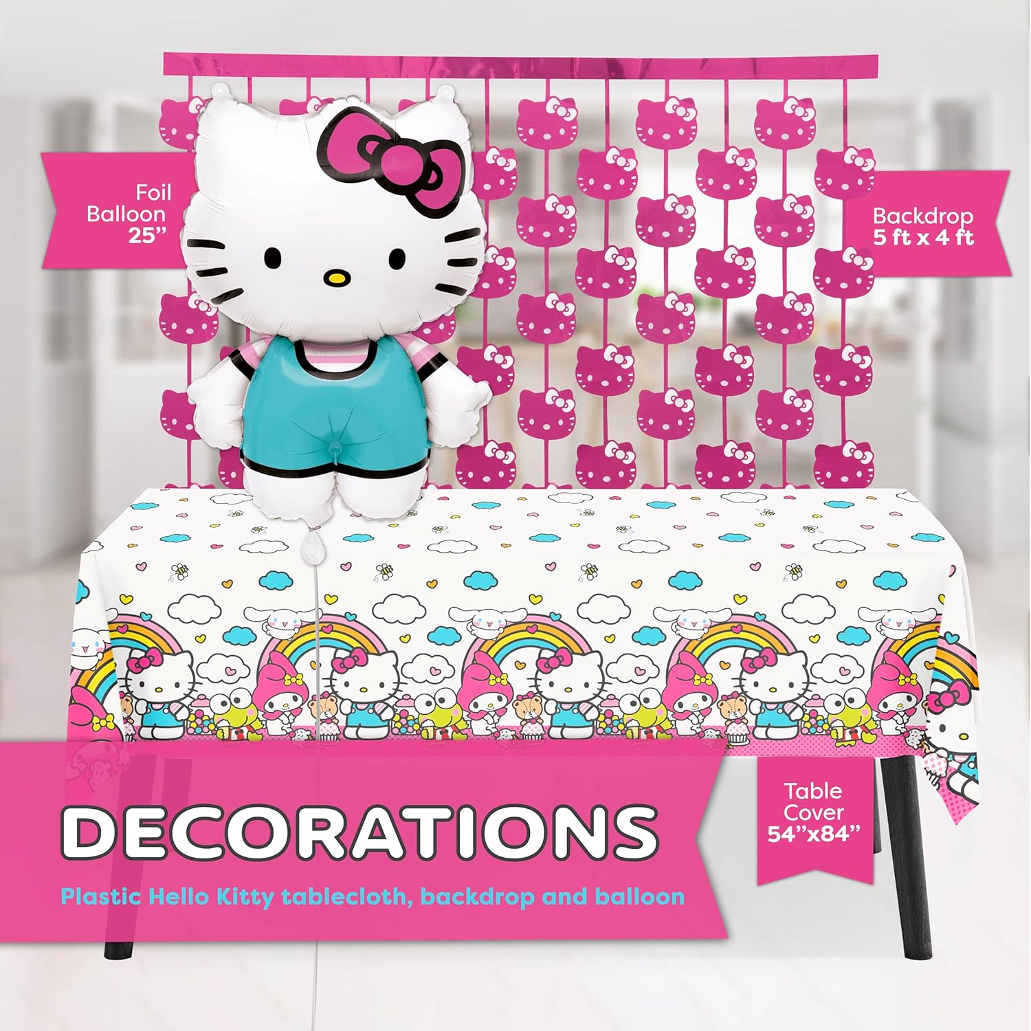 Hello Kitty Birthday Decorations for 16 | Hello Kitty Foil Balloon, Photo Backdrop, Tablecloth, Plates, Napkins | Officially Licensed Hello Kitty Party Decorations