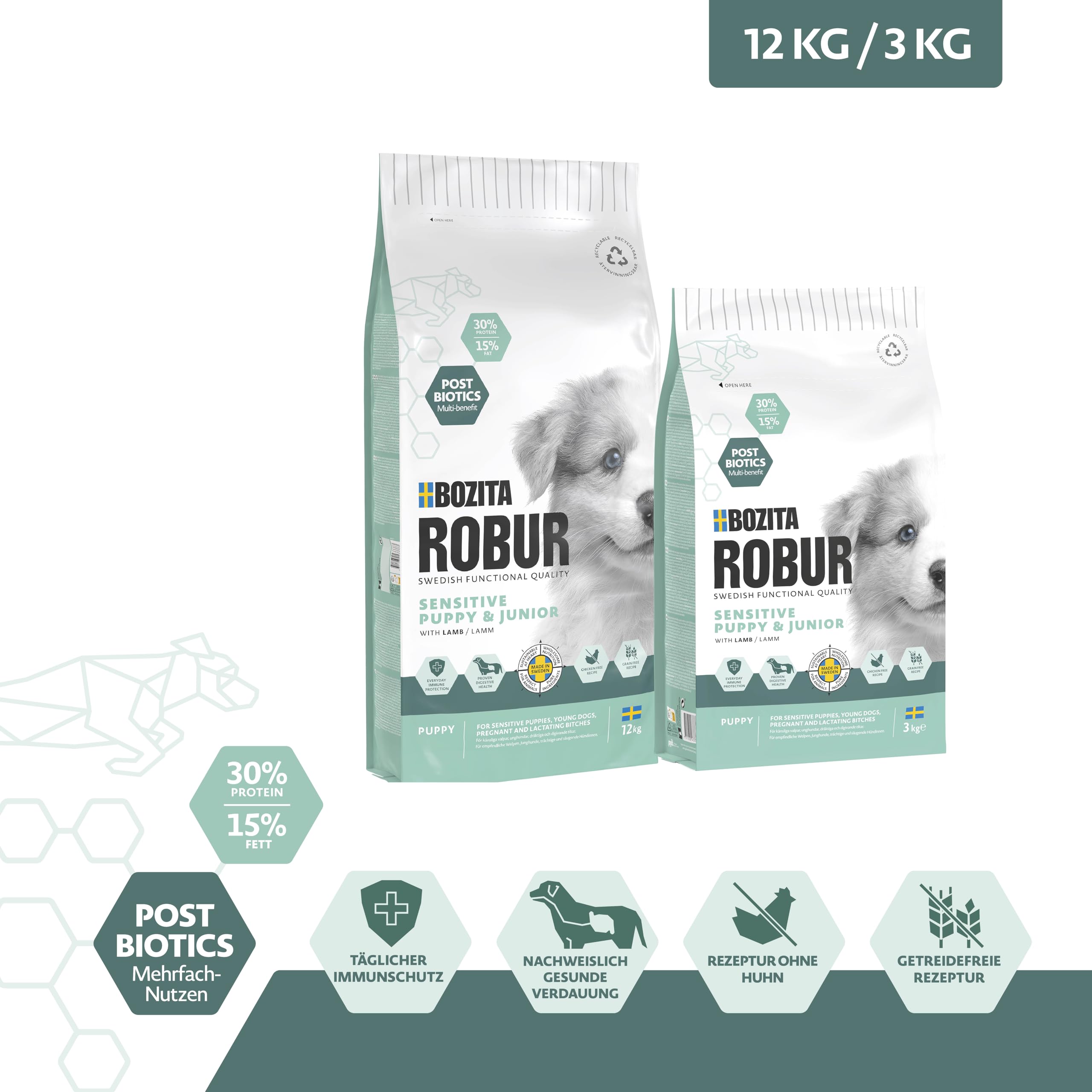 Bozita ROBUR Sensitive Grain Free Puppy Lamm 12kg - Welpenfutter ohne Getreide, mit Lamm und Postbiotika - OHNE HUHN