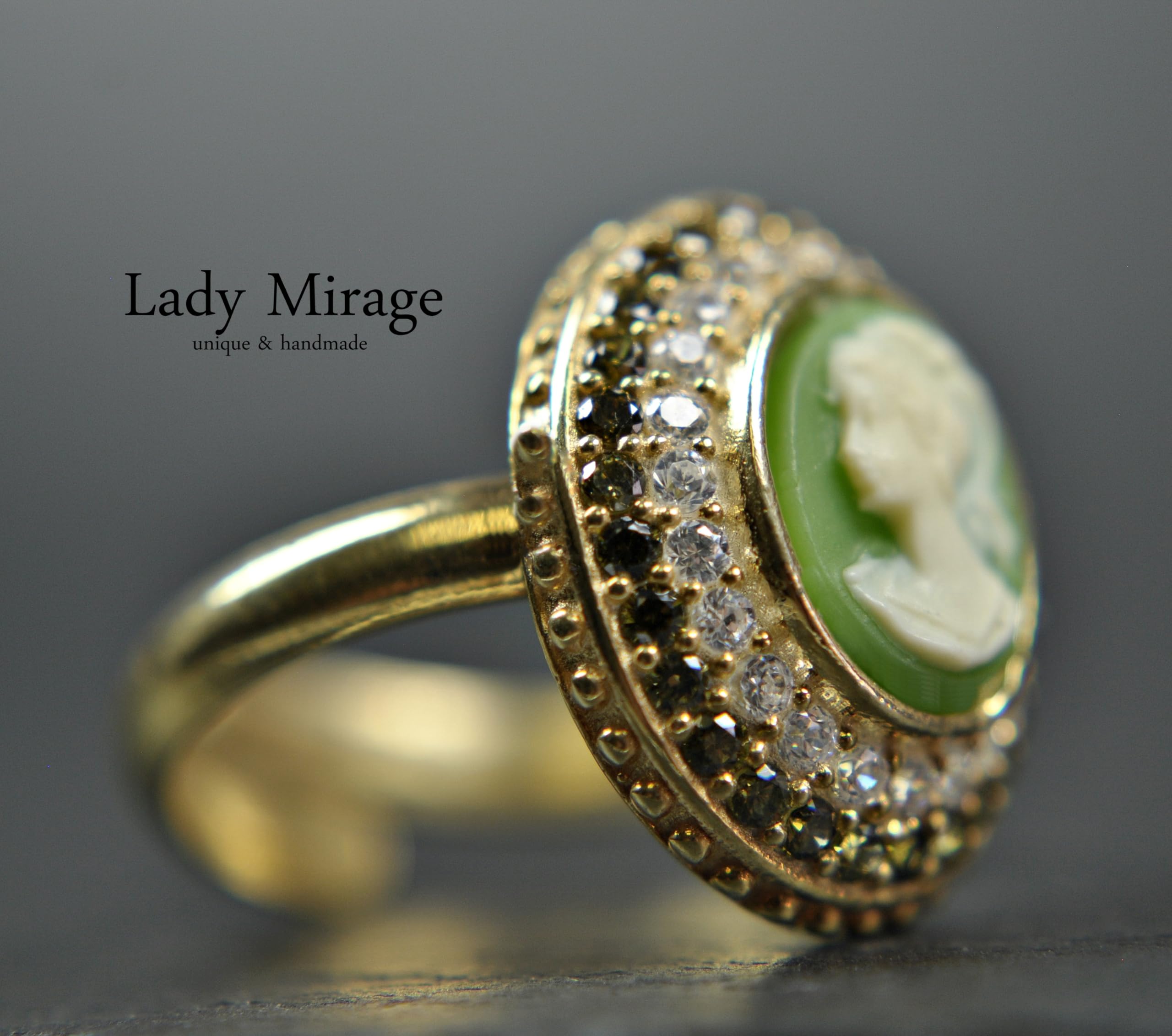 925er Sterling Silber Ring - Kamee - 14k Vergoldet - Vintage Style - Verstellbar - Grün - Zirkonia - Geschenk für Sie - Handmade - Schmuck - Mutter - Geburtstag
