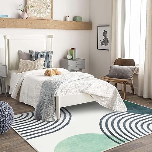 Miniatura 5 de Wonnitar Alfombra bohemia de 5 x 7 pies, color verde, para sala de estar, moderna, abstracta, suave, para dormitorio, lavable a máquina, alfombra