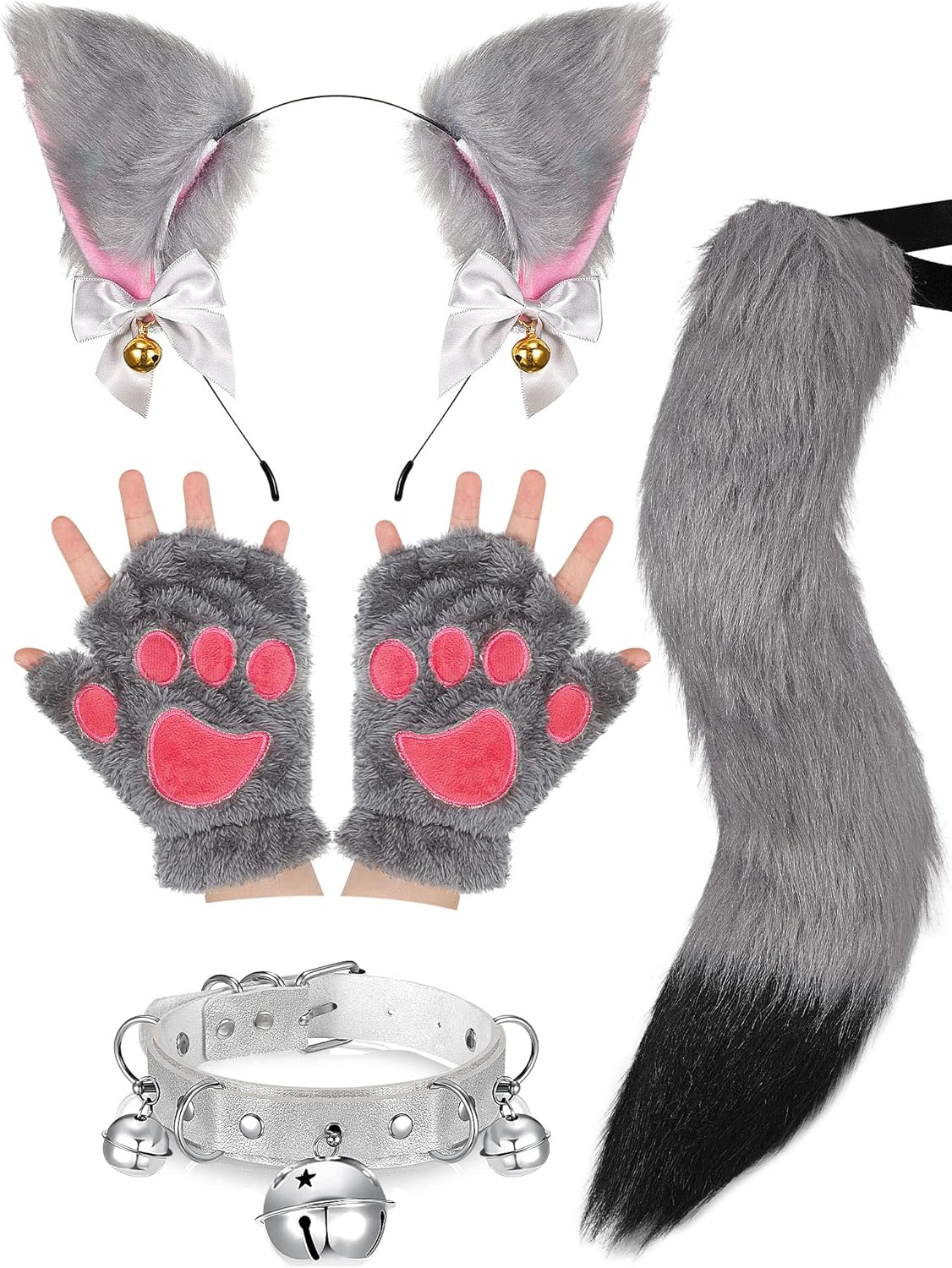 Vicenpal 5 Pcs Cat Cosplay Costume Set Wolf Fox Tail Ear Hair Clip Neck Chocker Fingerless Paw Glove for Halloween Party
