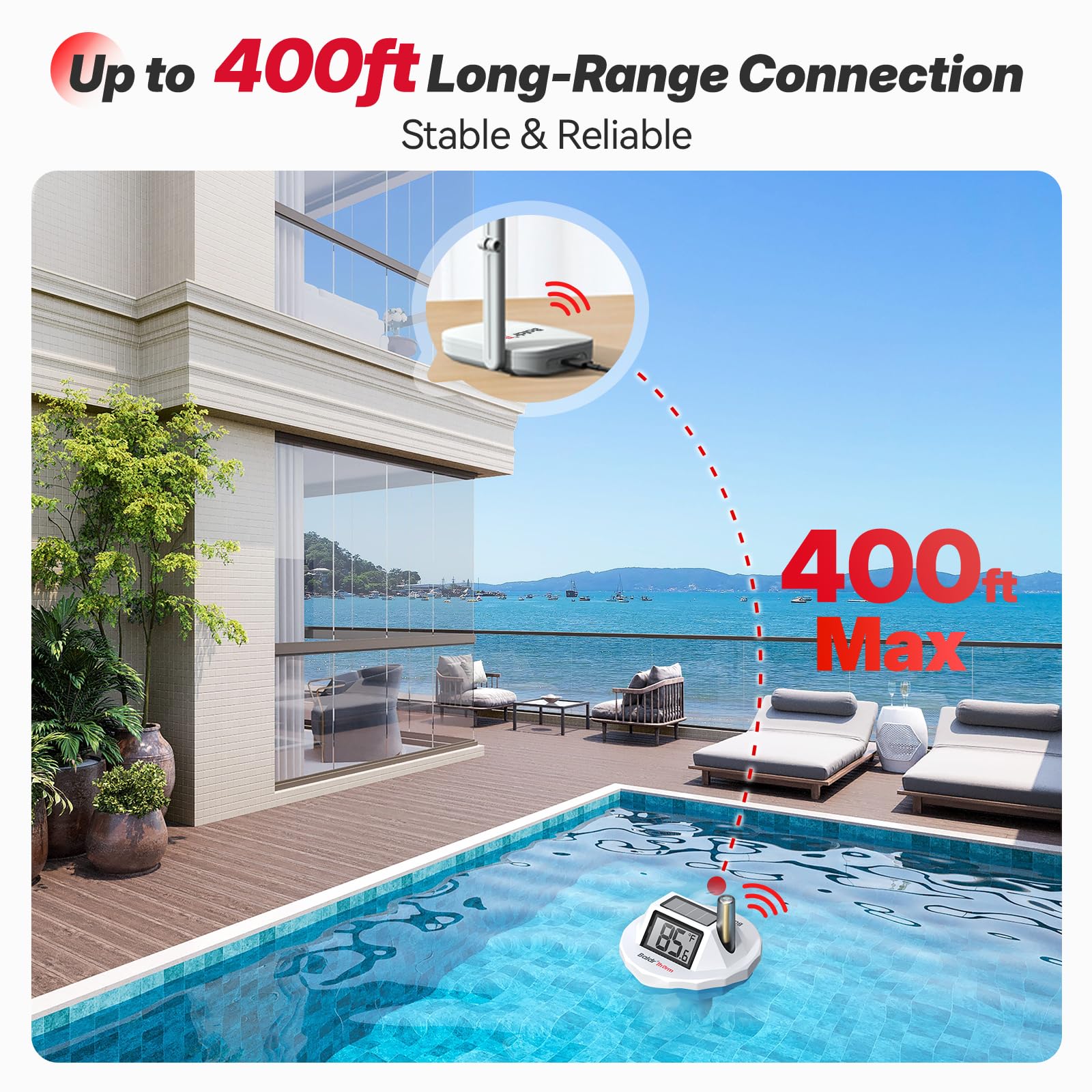 BaldrTherm Termómetro de piscina inteligente Wi-Fi, impermeable IPX8, monitor de temperatura del agua digital flotante con aplicación, fácil lectura y notificaciones de alerta para estanques, jacuzzi