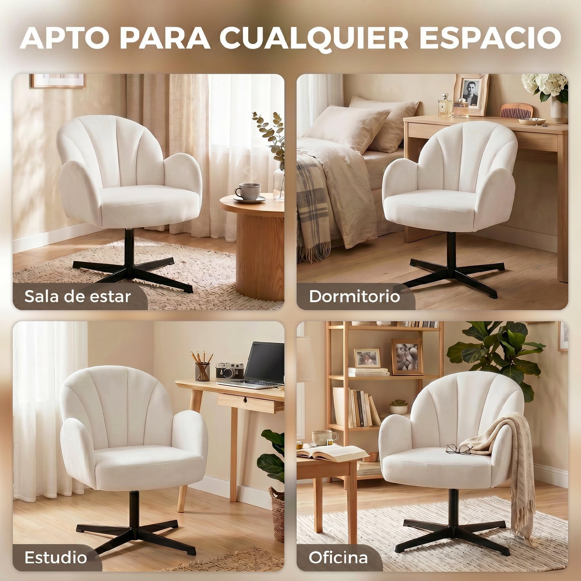 HOMCOM Sillón de Salón Giratorio, Butaca Tapizada en Terciopelo, Crema | Respaldo en Forma de Concha, Cojín con Resortes, Base Cruzada, Sillón de Relax para Dormitorio, Oficina, Estudio