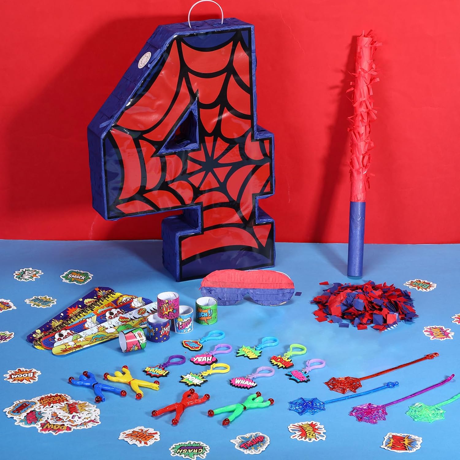 Spider Birthday Decorations Party Favors, Number 4 Spider Pinata with Pinata Stuffers for 4th Birthday Party, 16 x 12 x 3.2 Inches Spider Pinata with Stick Blindfold Confetti and Fillers Anniversary