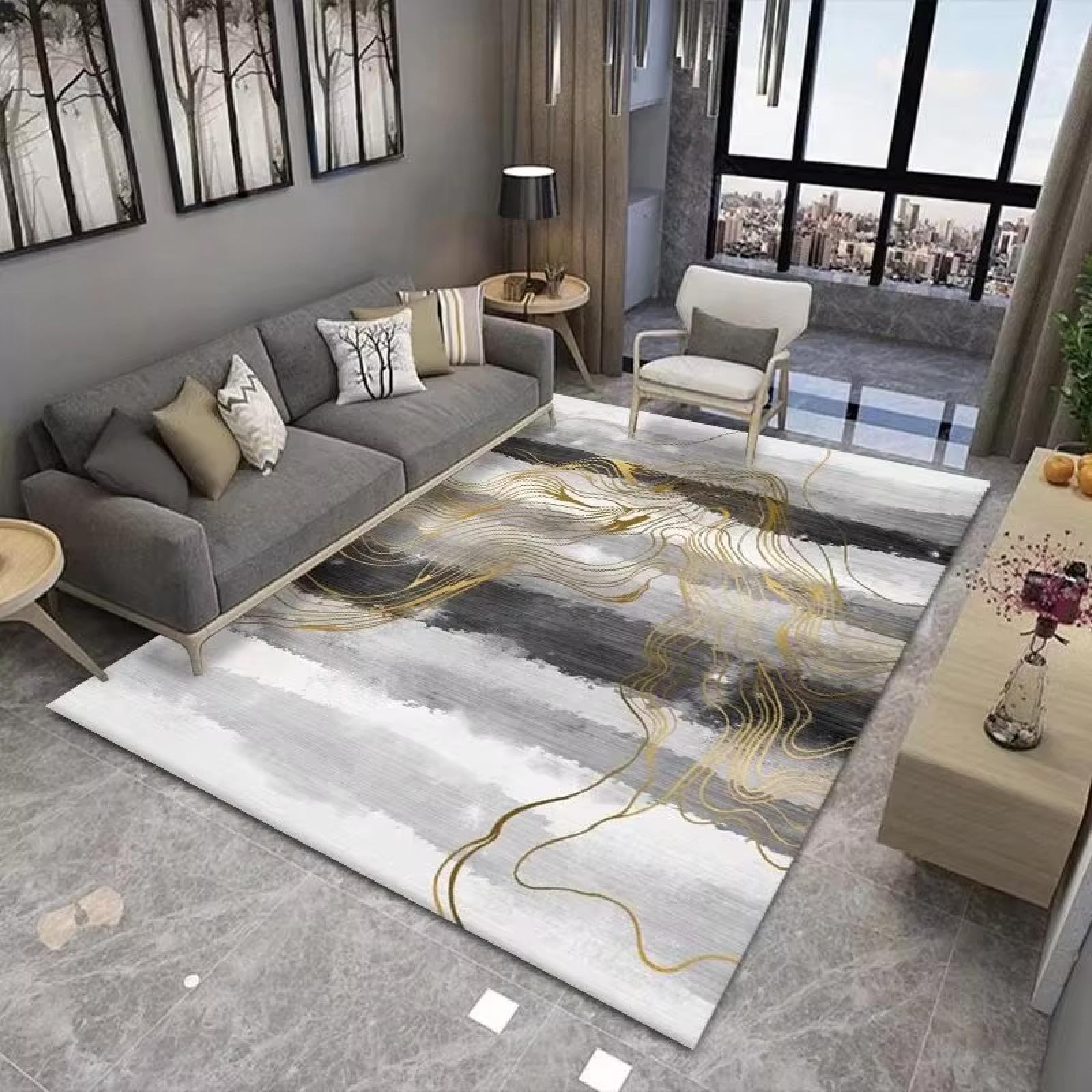 Décoration de chambre moderne avec ce grand tapis de salon artistique et doré