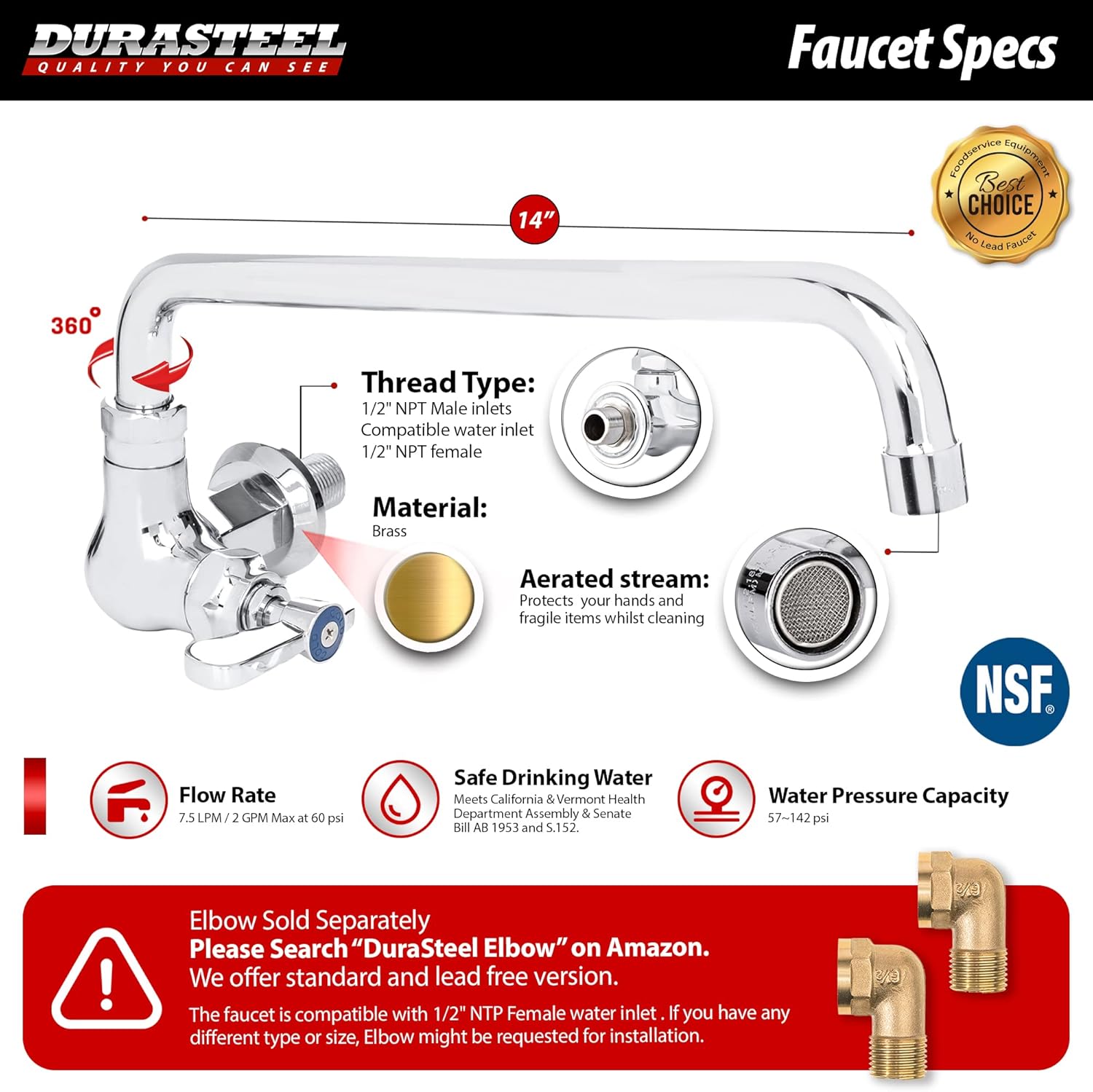 DuraSteel Wall Mounted Commercial Kitchen Wok Range Faucet with 14-Inch Swivel Spout - Single Hole Body & Handle - Brass Constructed & Chrome Polished