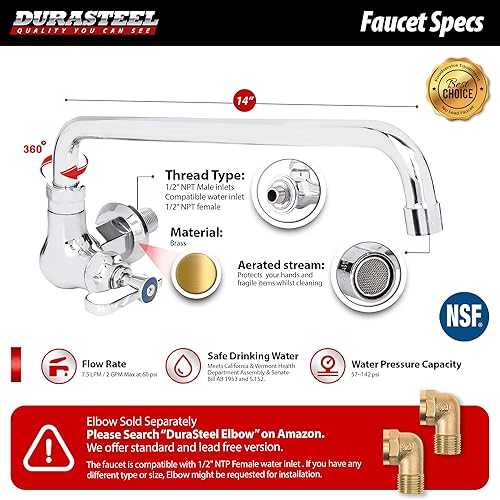 Miniatura 5 de DuraSteel Grifo de cocina comercial montado en la pared con boquilla giratoria de 14 pulgadas, cuerpo y mango de un solo orificio, latón construido