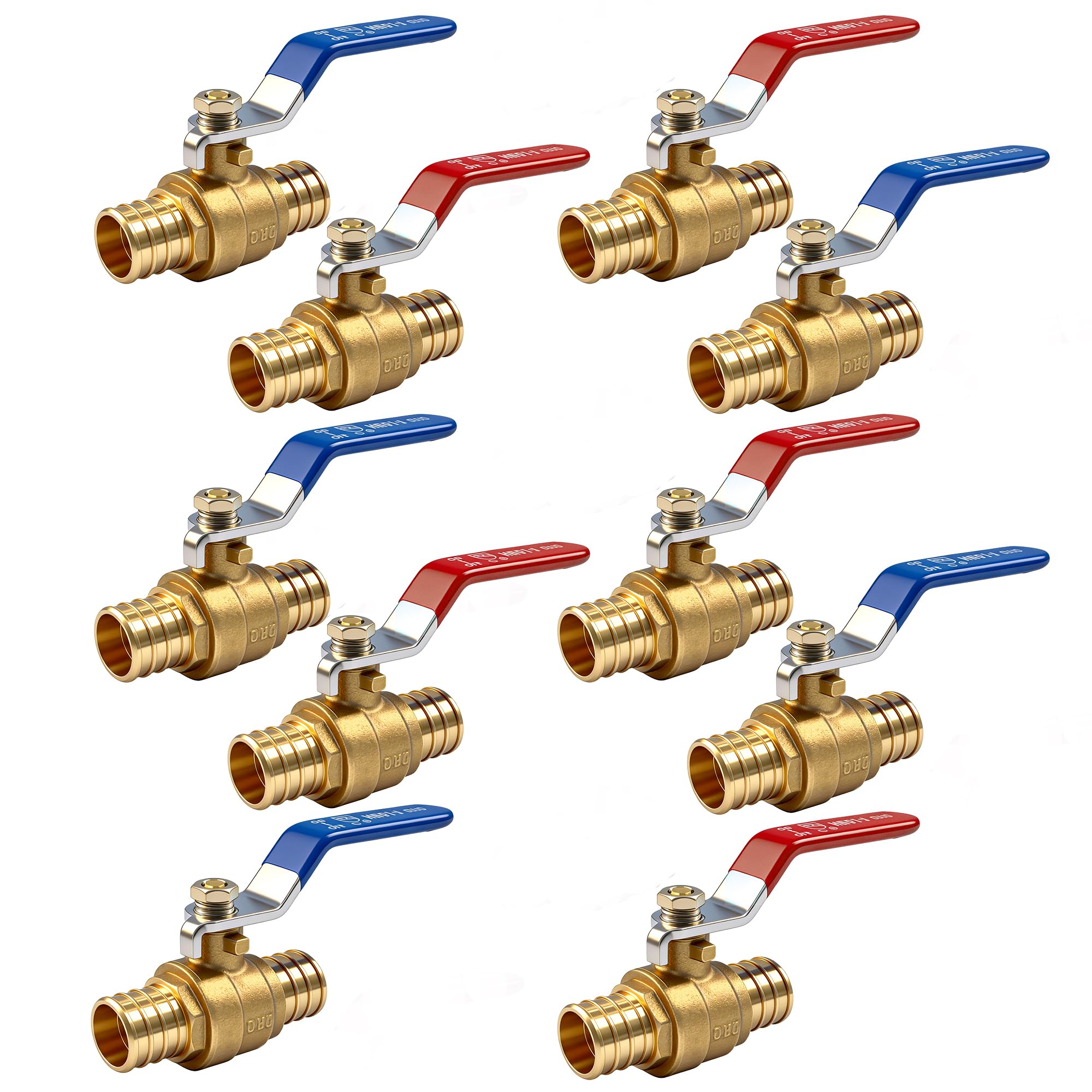 Hourleey 10 válvulas de bola de latón Pex de 3/4 pulgadas con puerto completo caliente y frío, cuarto de vuelta caliente (rojo) frío (azul) de latón con parada de agua, 1 pieza cada una