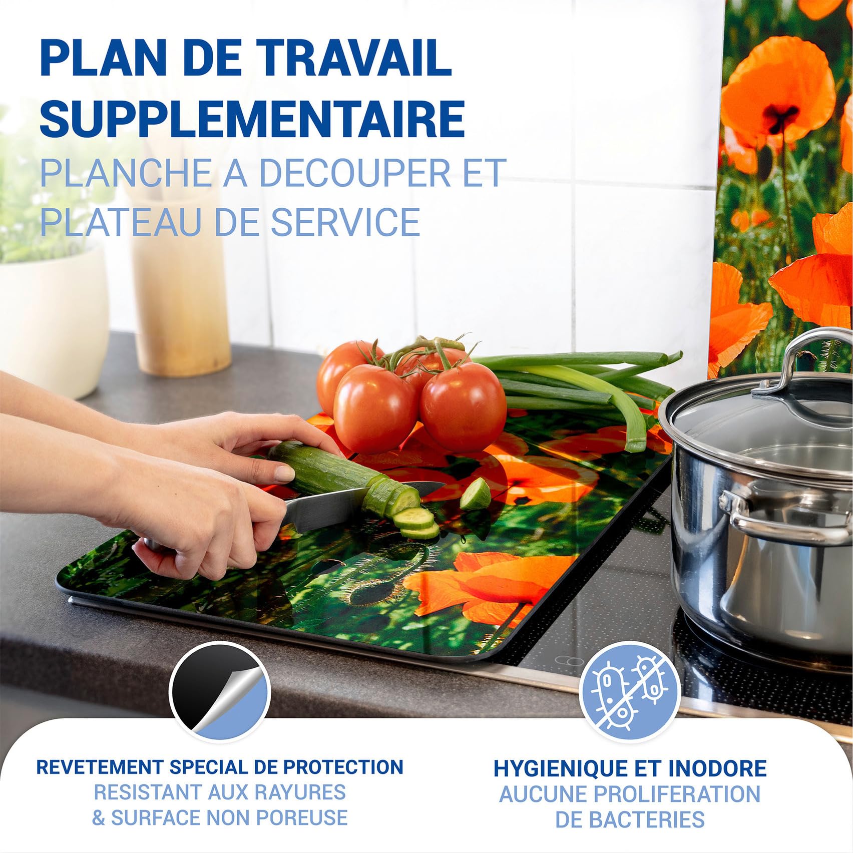 WENKO Plaque de Recouvrement Universelle Mod. Champs de Coquelicots, réglable en hauteur pour tout type de cuisinière, planche à découper et protection anti-éclaboussures, verre, 30 x 52 cm, 2 pièces