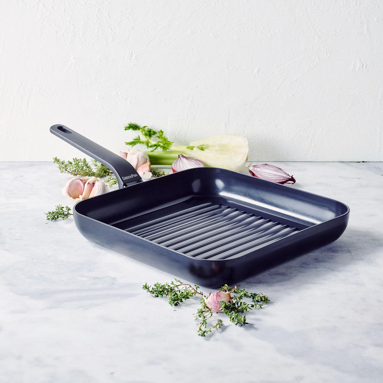 GreenPan Open Square Grill Pan, 28.6cm Non-Stick Aluminum for Grilling, Induction Compatible, Black