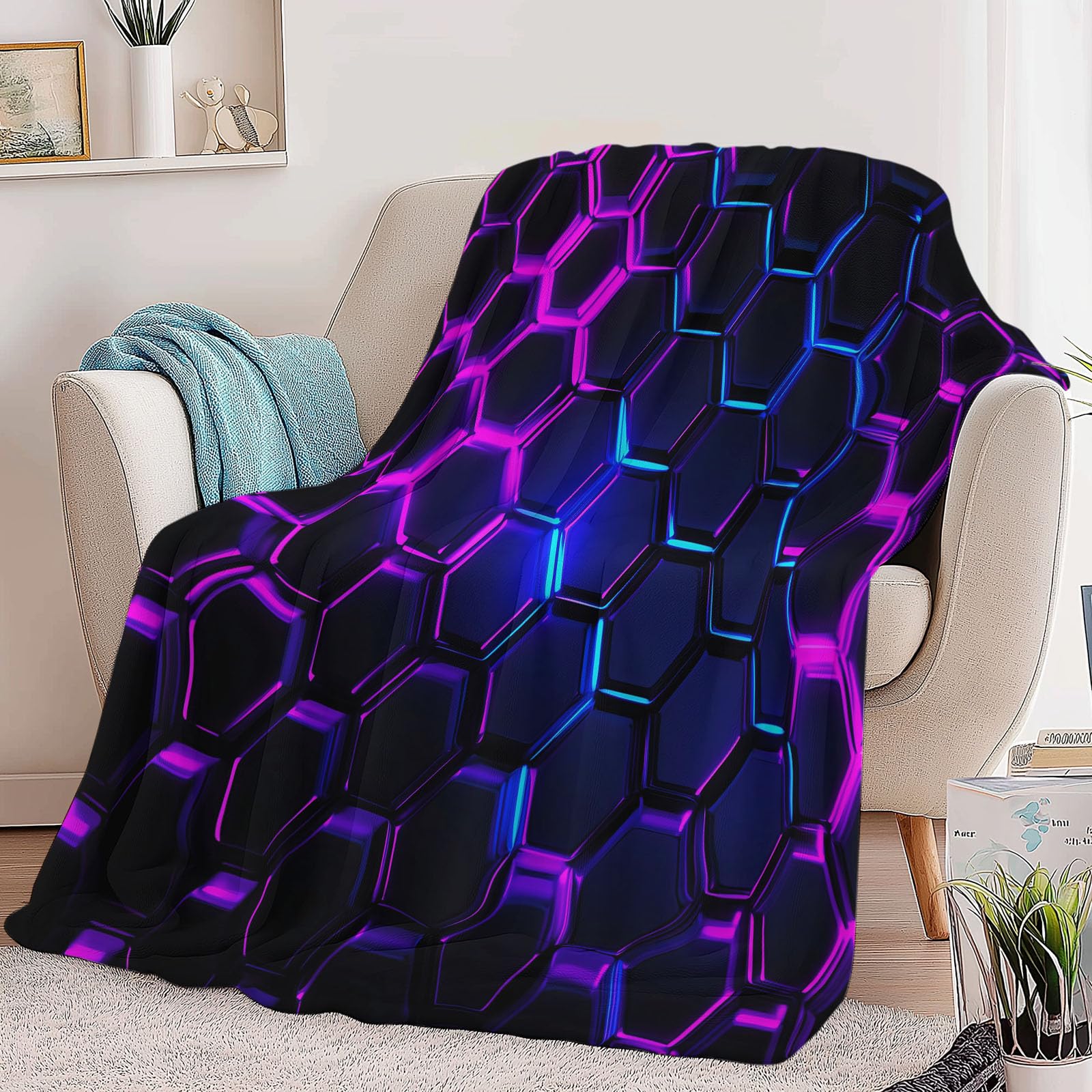 Przytulny koc 180 x 200 cm, geometryczny, sześciokątne, neonowe światło, flanela, przytulny koc, koc na kanapę, koc do przytulania, koc na 4 pory roku, narzuta na sofę, neonowy magenta