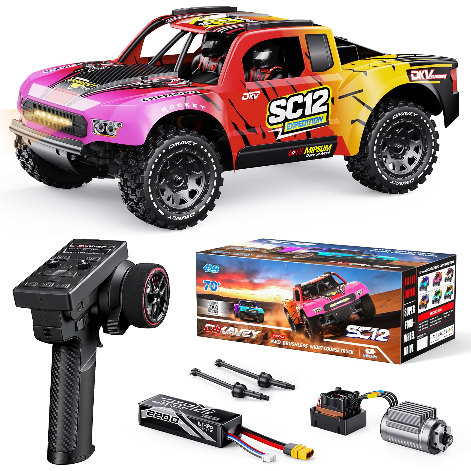 DIKAVEY 1/12 Brushless Remote Control Car RTR, 42MPH (70+Km/H 4WD Rc Short-Course Truck, Amateur-Level Rc Drift Car, Equipped with 3s 2200 Mah Battery, all-terrain tires, Suitable for Adults-RED