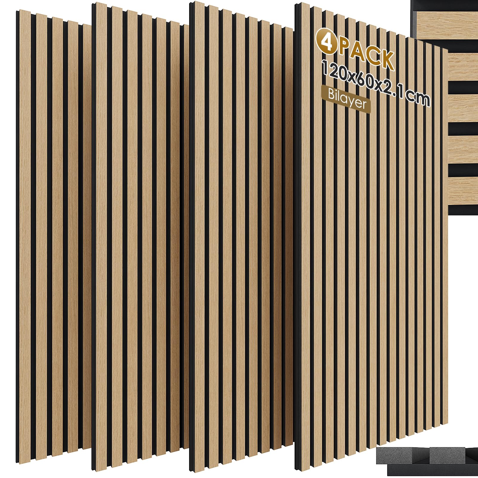 Clevich Paneles Acusticos Decorativo, 120x60x2.1cm, 4 Pack Paneles 3D Acusticos de Madera, Sonido, Hogar, Excelente Absorción Acústica, Oficinas, Podcast, ERoble, Estudios Grabación