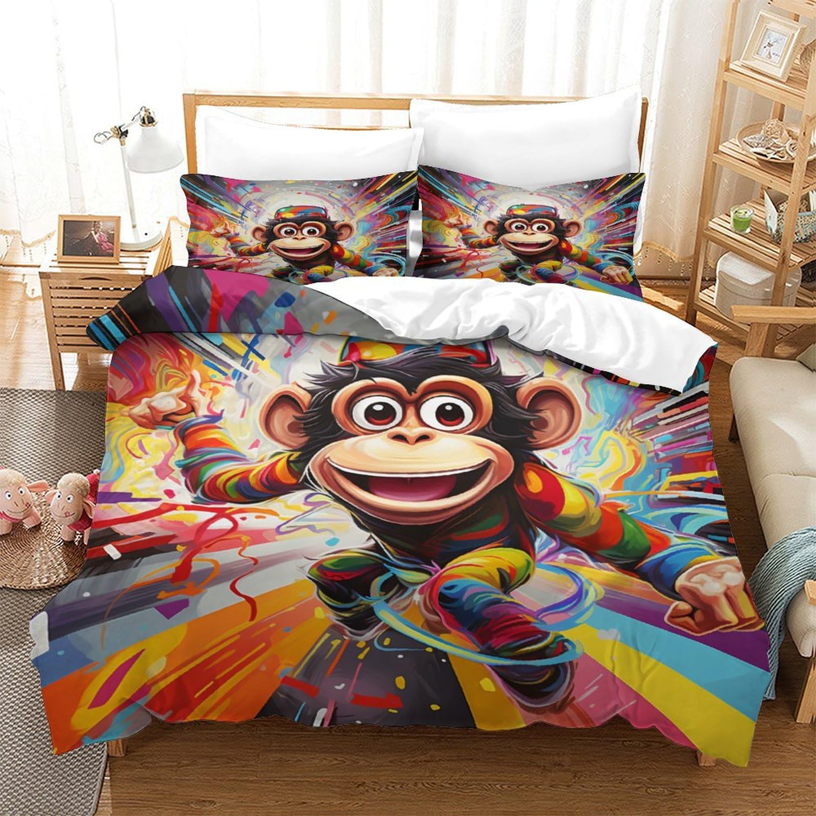 Housse de couette singe en microfibre douce anti-plis pour lit simple