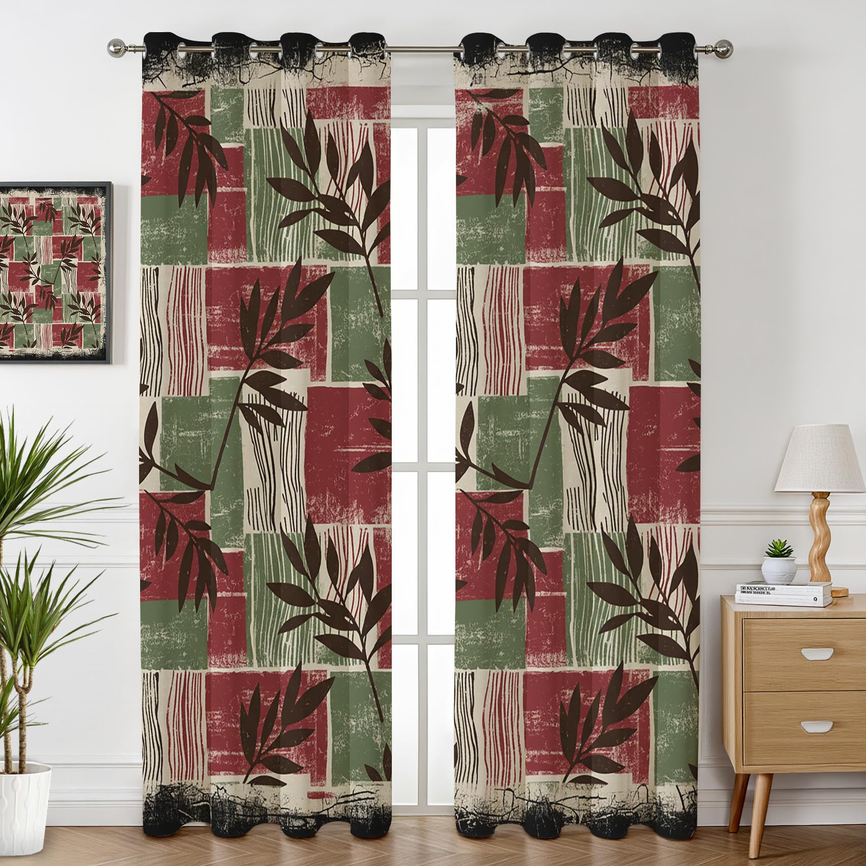 Havenix Rustic Leaf Blackout Curtains for Bedroom Living Room, Eyelet Curtains 274cm Drop, Thermal Insulated Drapes for Windows, Red Green Beige Botanical Block Patterned Window Treatments, 2 Panels