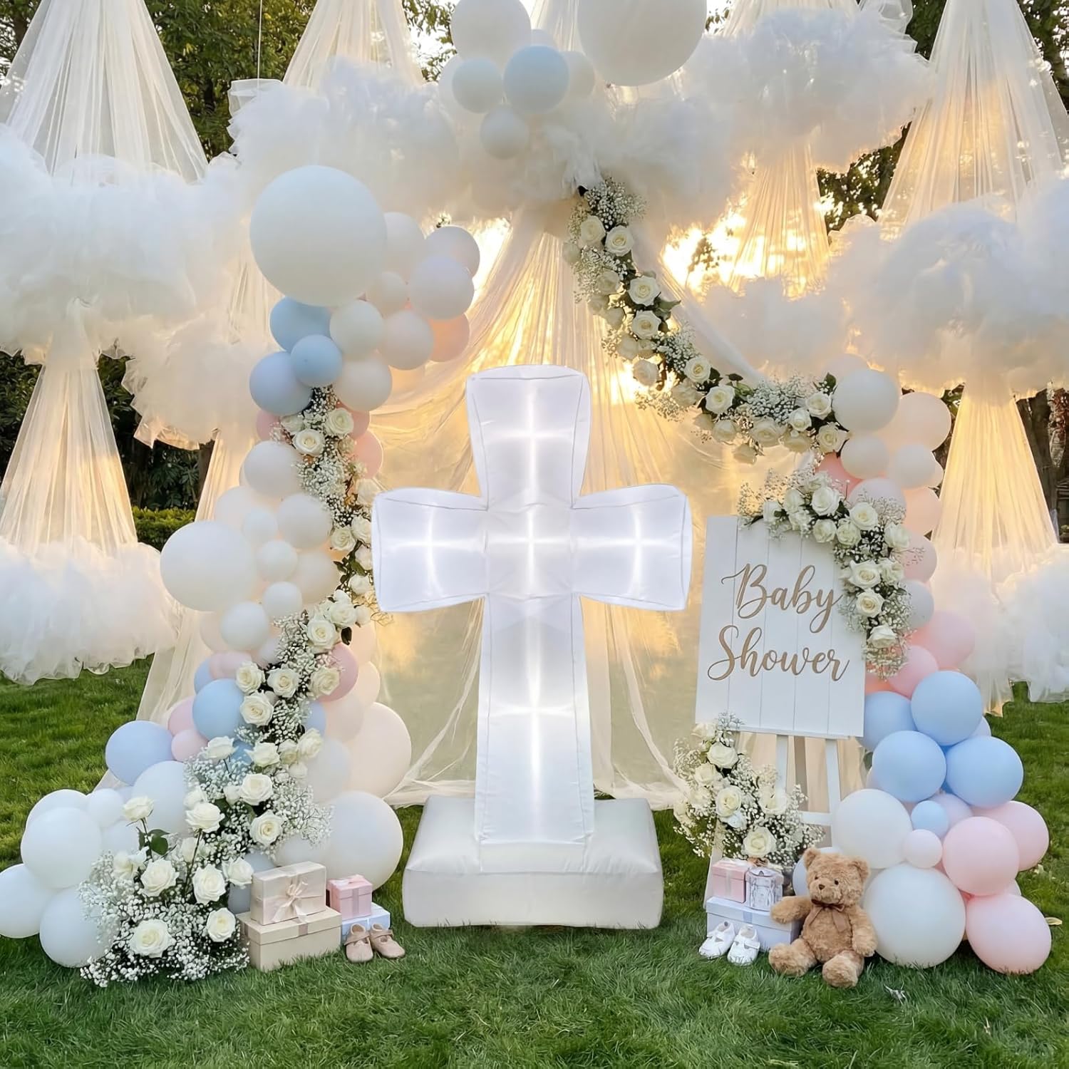 Crowye 4 ft Cross Inflatables Decorations for First Communion & Baptism, LED Religious Cross Blow up, Christian Yard Garden Decor for Indoor Outdoor Easter Wedding Church Event Party Decor