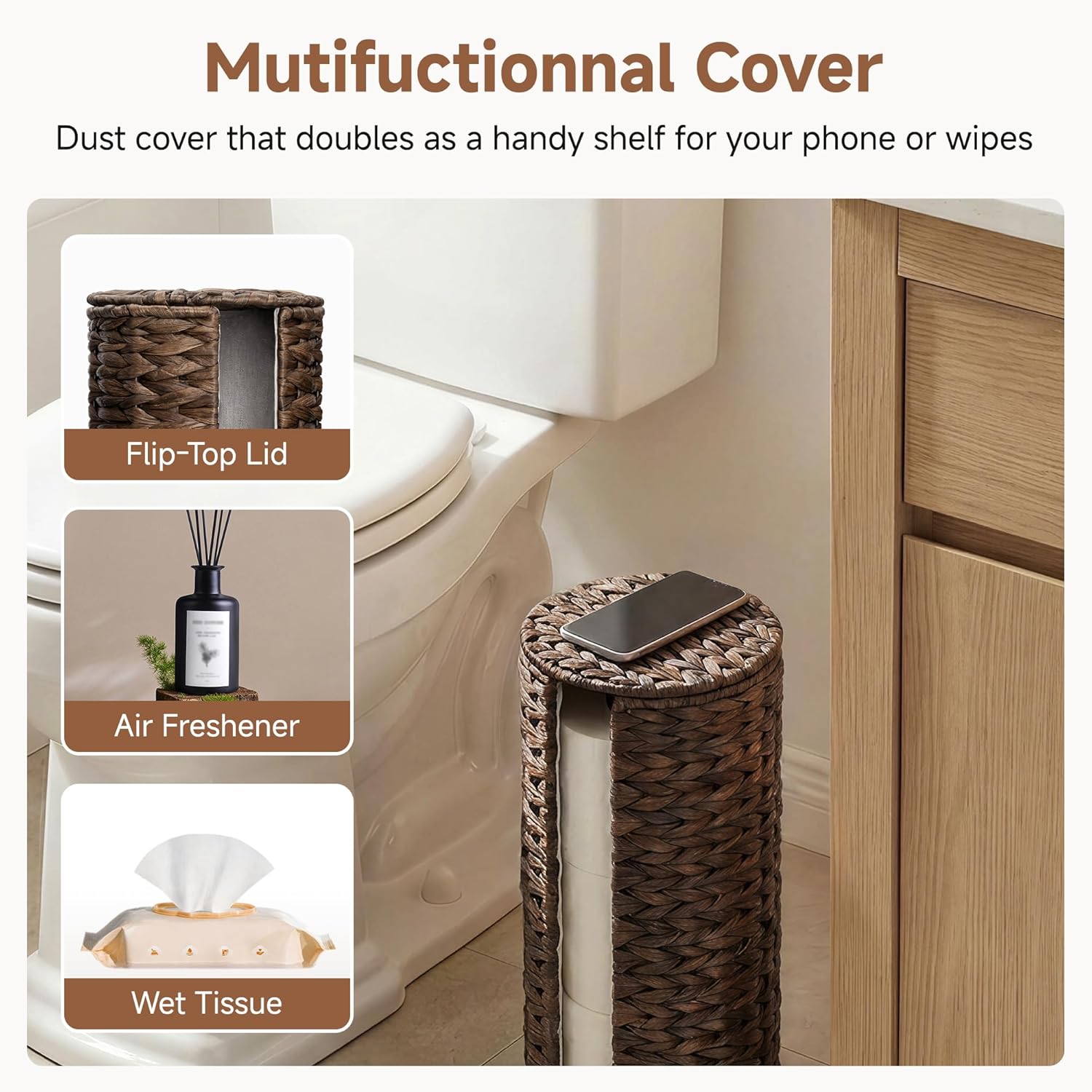 StorageWorks Free Standing Wicker Toilet Paper Holder Stand for Bathroom Storage, Decorative Water Hyacinth Toilet Paper Storage with Lid, 3 Rolls of Tissue Holder with a Built-in Cloth Lining, Brown