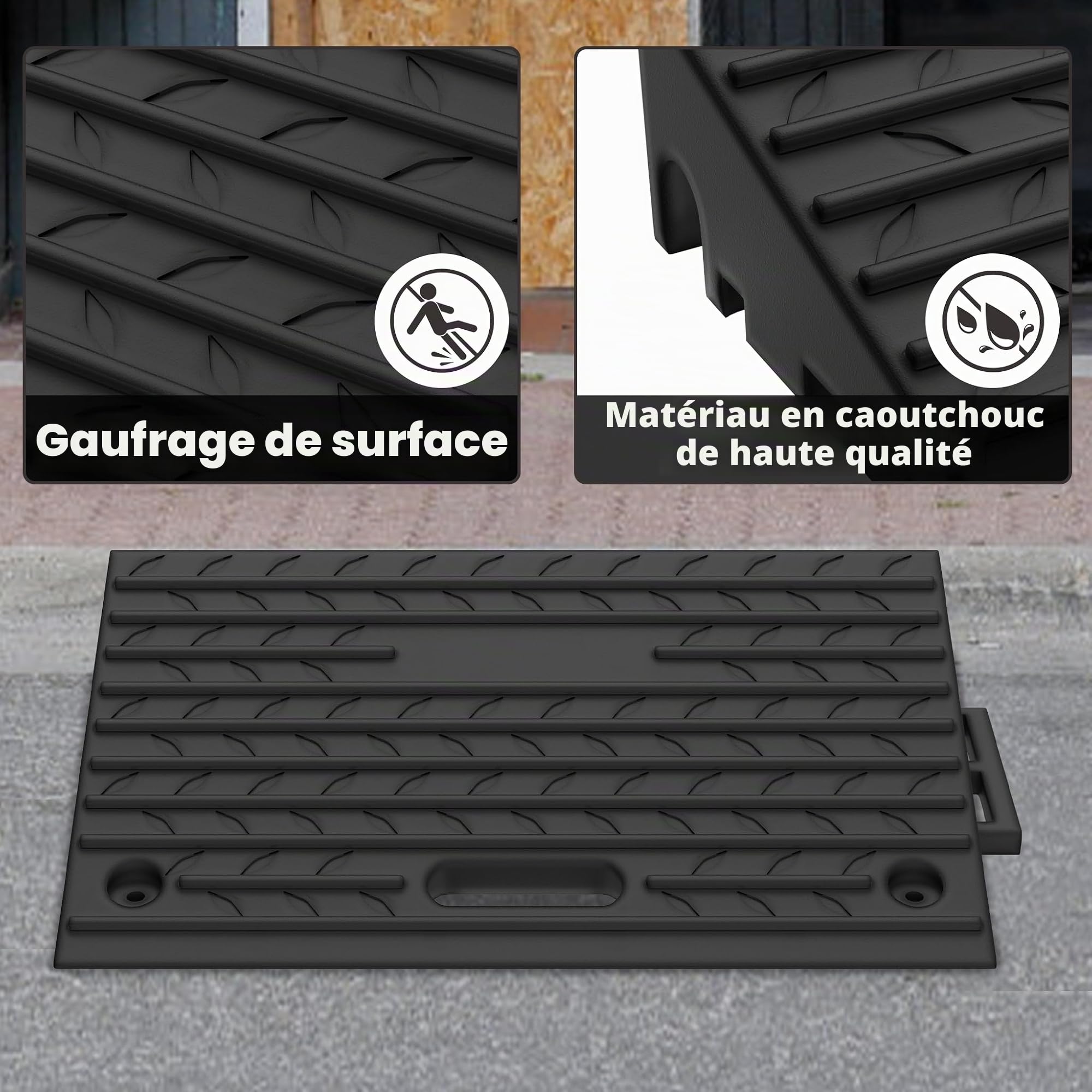 UISEBRT Lot de 2 rampes de trottoir en caoutchouc pour bordures, allées, garages, rampes de seuil de porte robustes, avec fonction portable, antidérapantes et résistantes aux intempéries, noir, 53 x