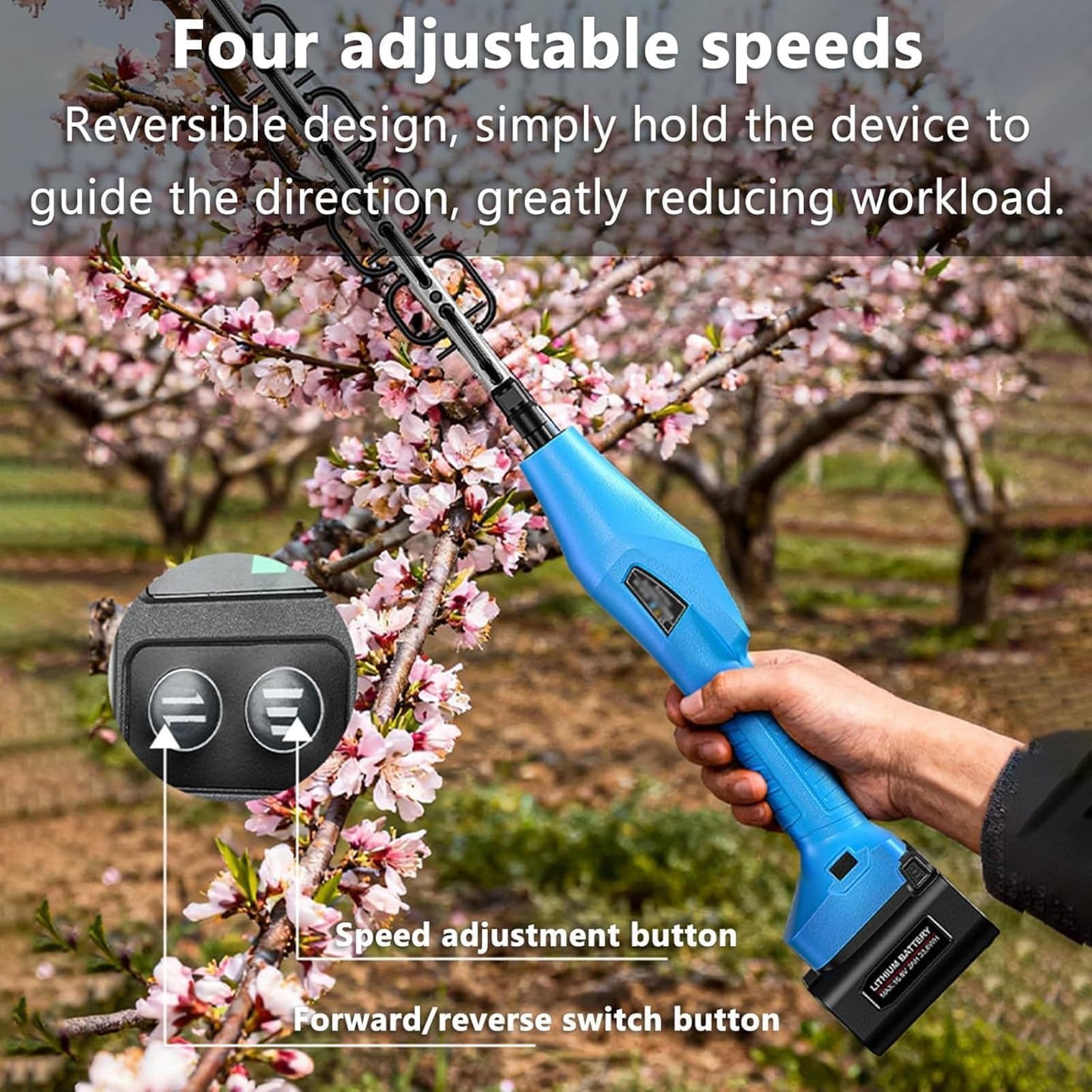 Strumento senza fili per sfoltire alberi da frutto, velocità regolabile, design reversibile, include 2 batterie, ideale per boccioli e fiori di pesco, prugna e ciliegio