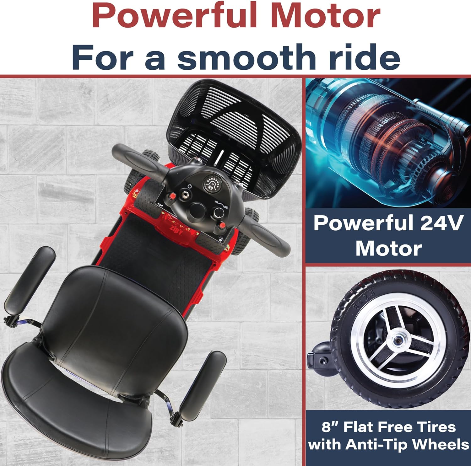 Image highlighting the powerful 24V motor and 8-inch flat-free tires with anti-tip wheels