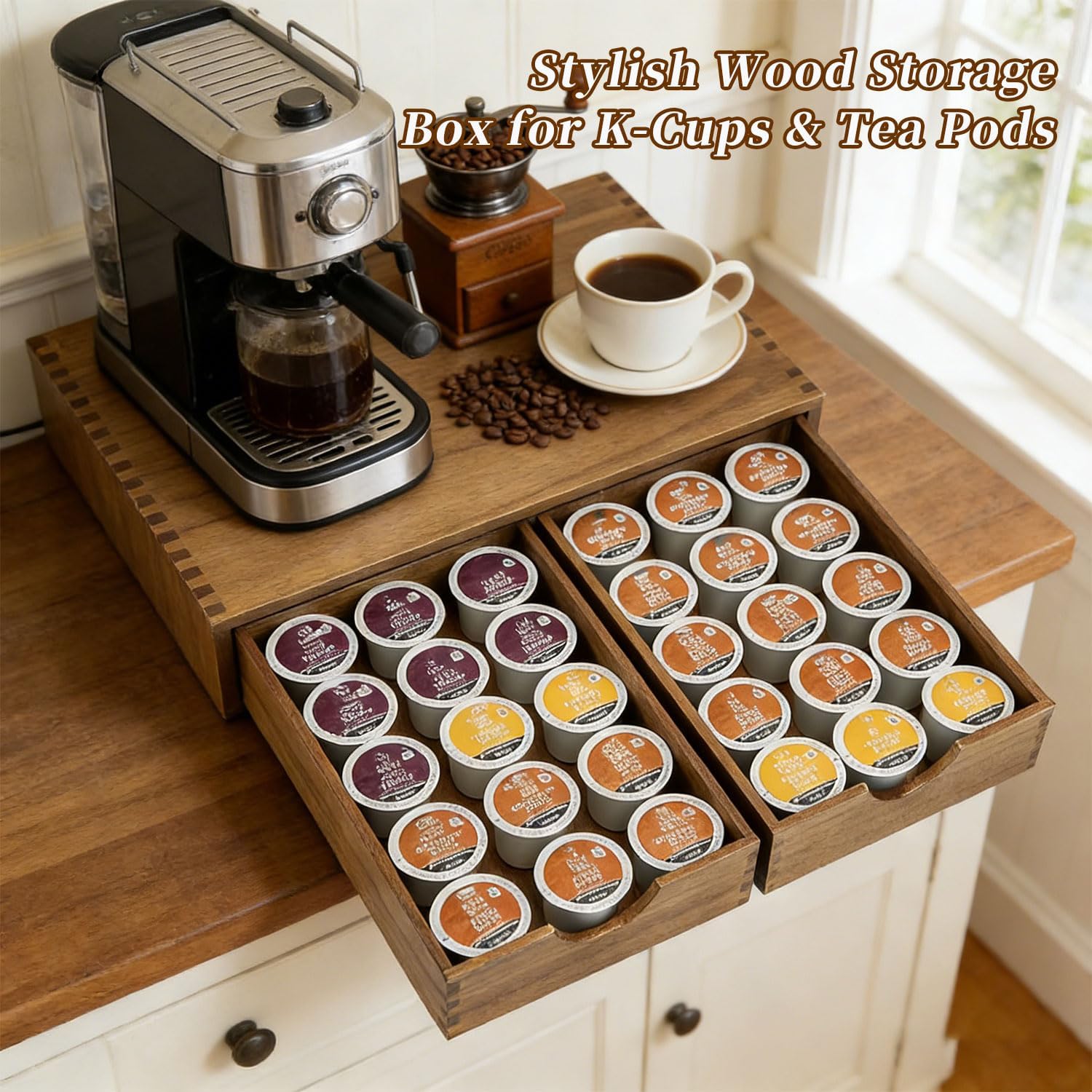 Wooden K Cup Organizer, Coffee Pod Storage Box and Tea Organizer Holder, K Pod Drawer Under Brewer Coffee Maker Machine Stand, Organizador De Cafe, 30 Pod Capacity (Natural Wood)