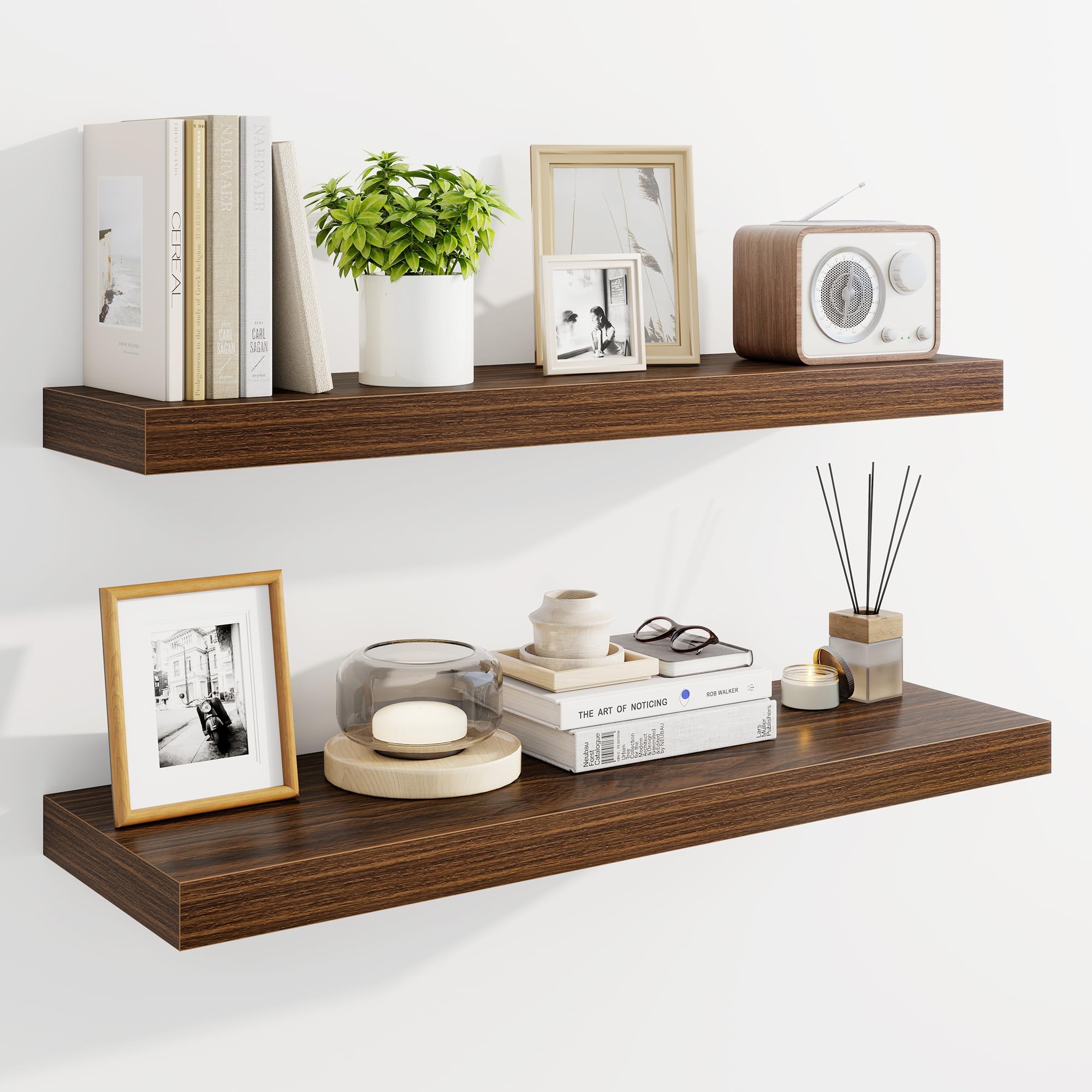 Marsmiles 80cm Floating Shelves for Wall, Wooden Shelves with Invisible Brackets Set of 2, Rustic Farmhouse Wall Mounted Shelf for Kitchen Bathroom Living Room Study, Walnu