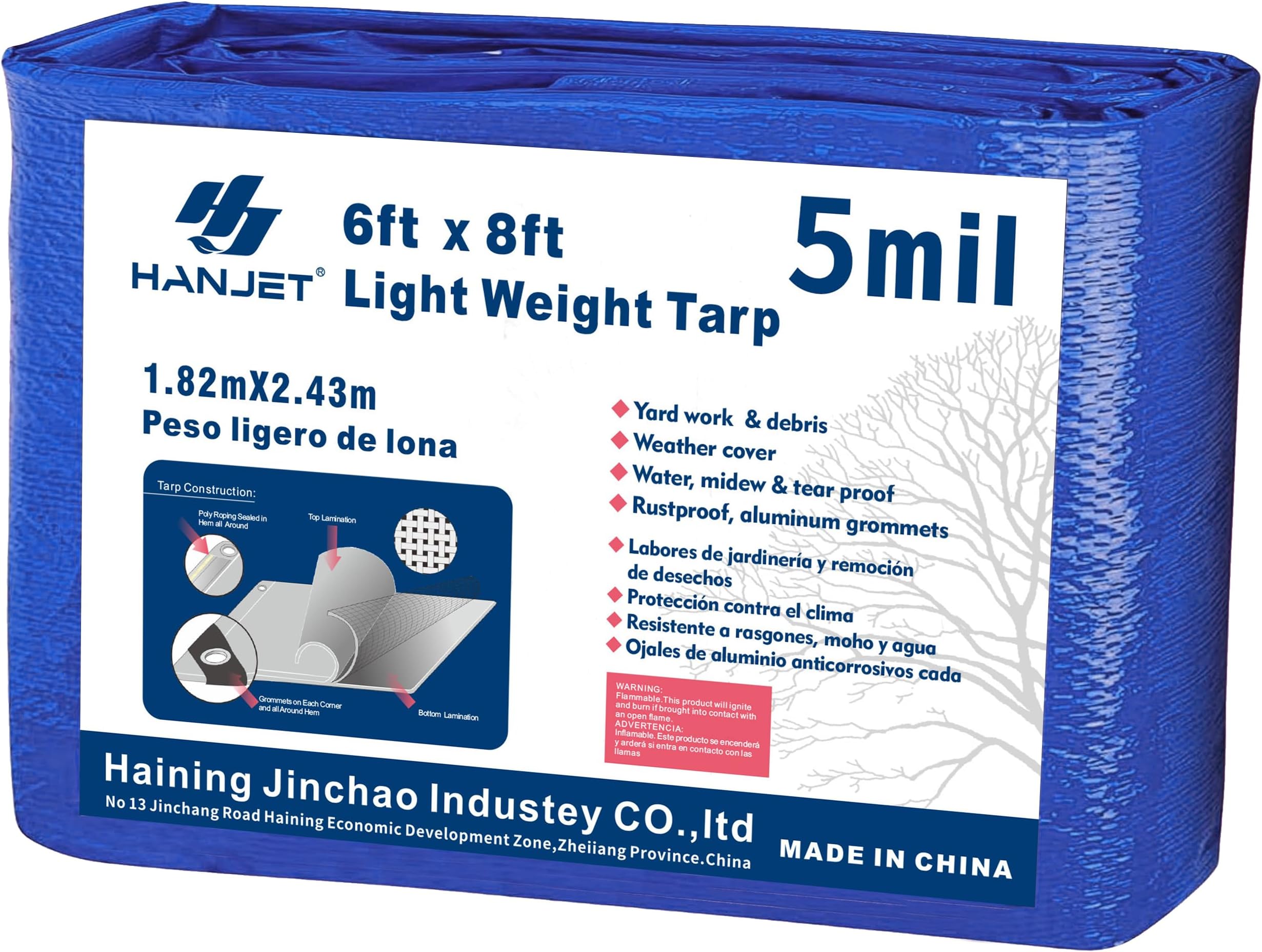 Lightweight Outdoor Camping Tarp 6' x 8' 5-mil Blue Waterproof Boat Tarps Covers with Grommets