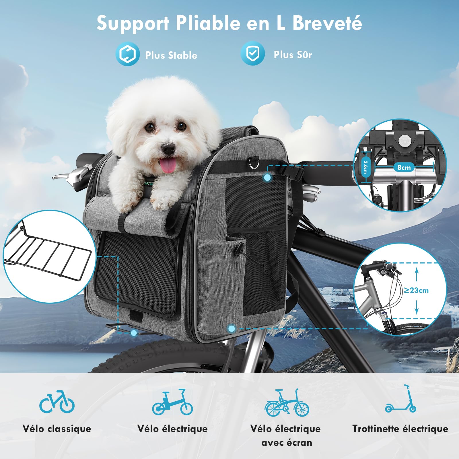 Panier Vélo Avant pour Chiens Chats jusqu'à 10KG avec L Support Φ8cm, Pliable 4 en 1 Sac à Dos, Sac Bandoulière, Siège Auto avec Coussin Confort, Fenêtres Filet, Bandes Réfléchissantes