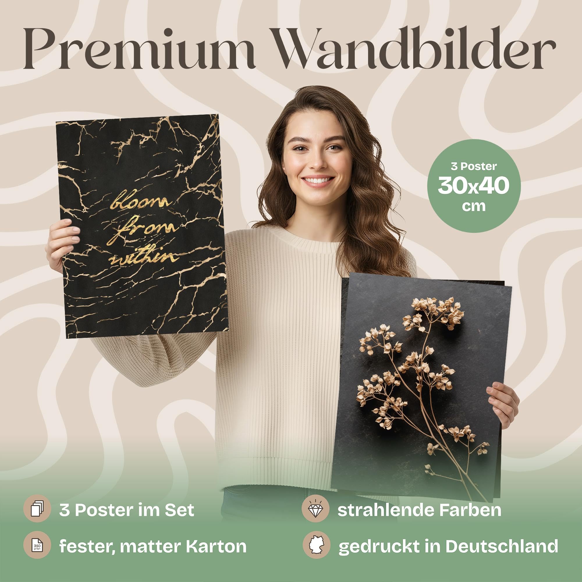 ARTFAVES® Poster Set - Dark Flowers 1-3-teilige Bildercollage Wohnzimmer, Schlafzimmer - moderne Wandbilder Trockenblumen, schwarz-beige, Blumen, elegant - 30x40 cm - mit Rahmen Eiche