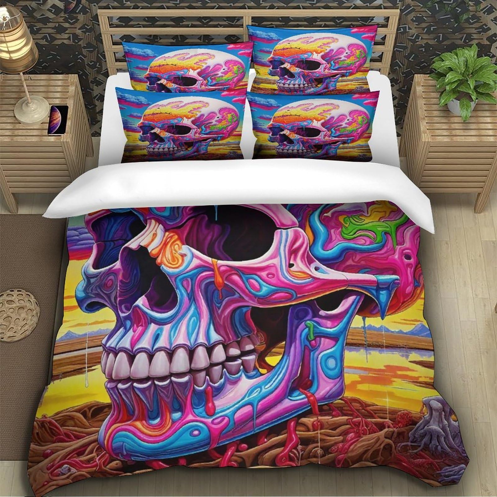 Housse de couette crâne 3D facile à laver lit Super King fermeture éclair