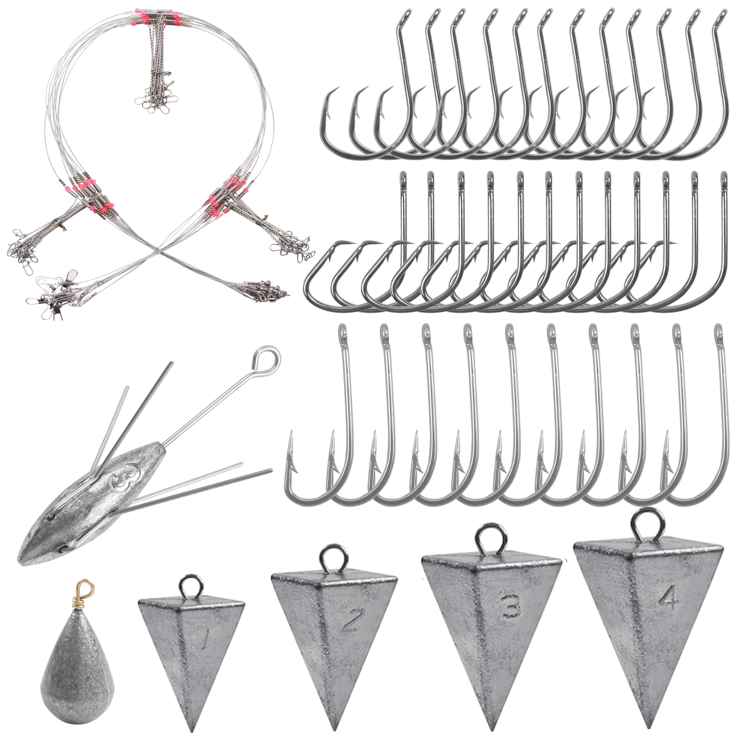 Kit d'accessoires de pêche en eau salée, 54 accessoires de pêche en forme de pyramide, de basses, de spoutnik, de pieuvre, de cercle, crochets en J et de perles pivotantes