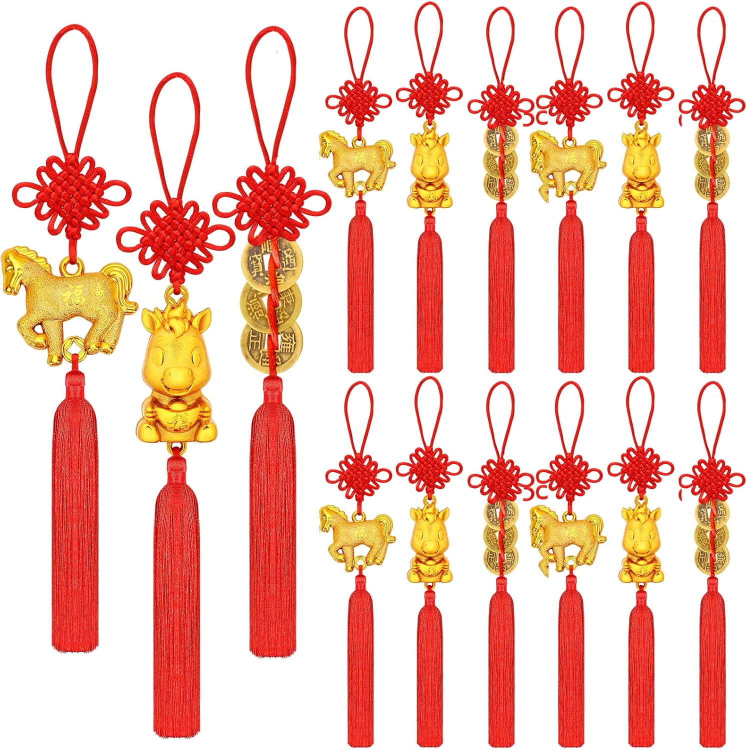 JULMELON 18PCS Chinese New Year Decorations 2026 Year of The Horse Gold Coinages FengShui Hanging Pendants Chinese Knot Good Lucky Charms for Car Ornaments Spring Festival Lunar New Year Wealth