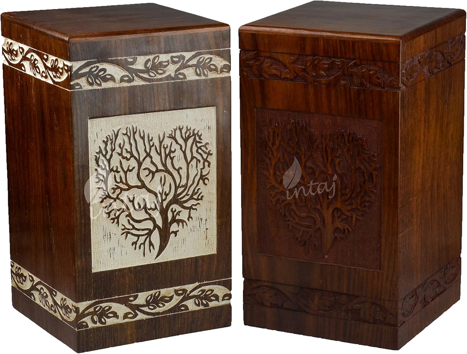 INTAJ Handmade Rosewood Urn for Human Ashes | Tree of Life Wooden Urns Hand-Crafted - Funeral Cremation Urn for Ashes (Antique Heart Tree, Adult 250 Cu/in)