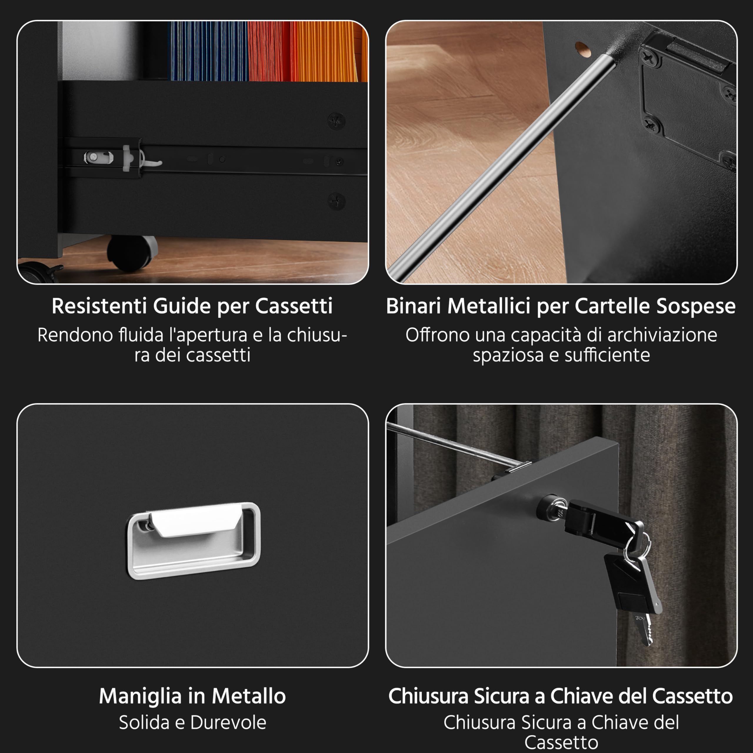 Cassettiera da Ufficio con Cassetti Salvaspazio Mobiletto da Ufficio con Rotelle Portadocumenti per Documenti Formato A4 e Lettera Studio in Legno e Metallo Nero